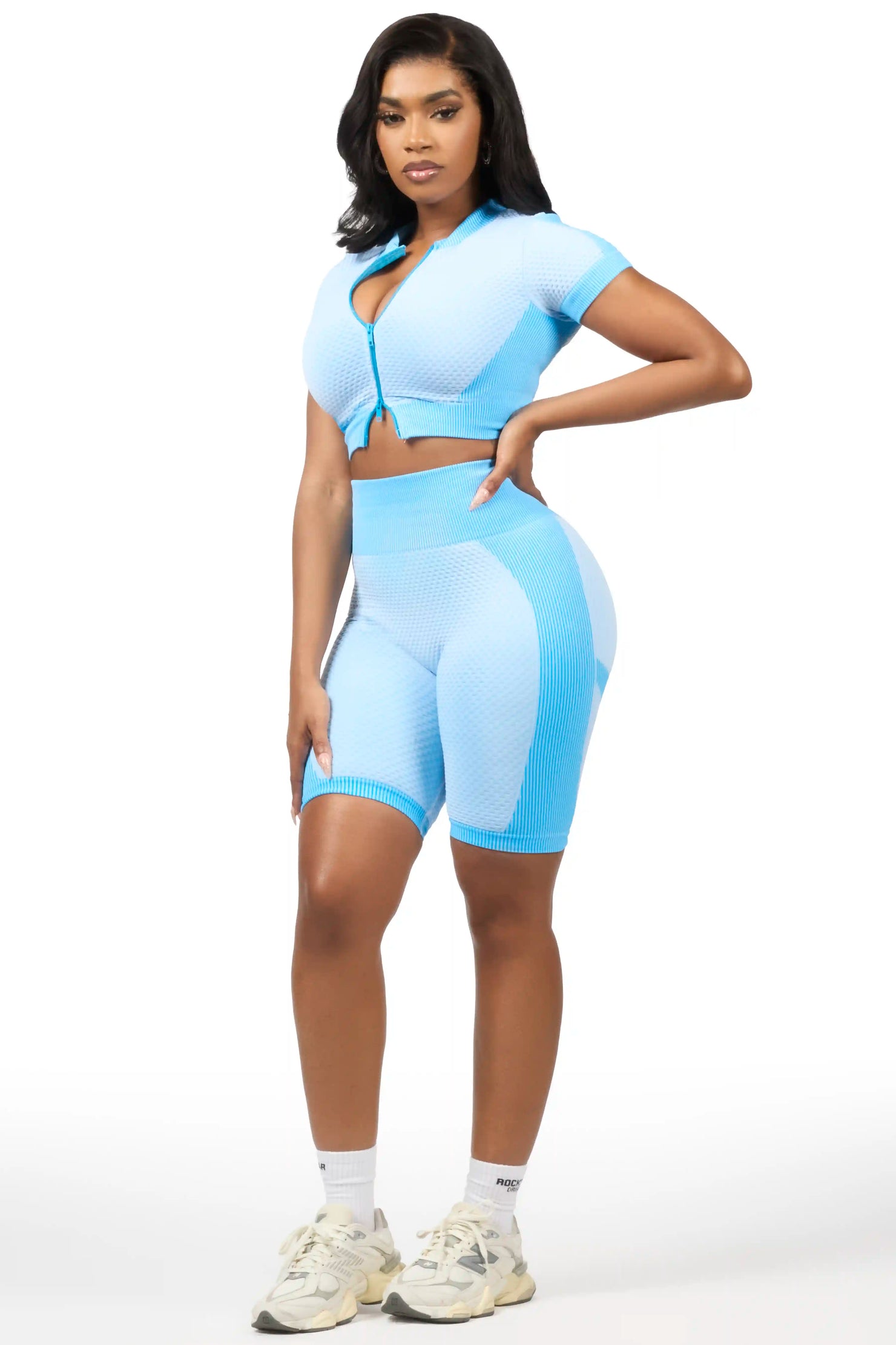 Gisselle Blue Zip Up Active Bike Short Set