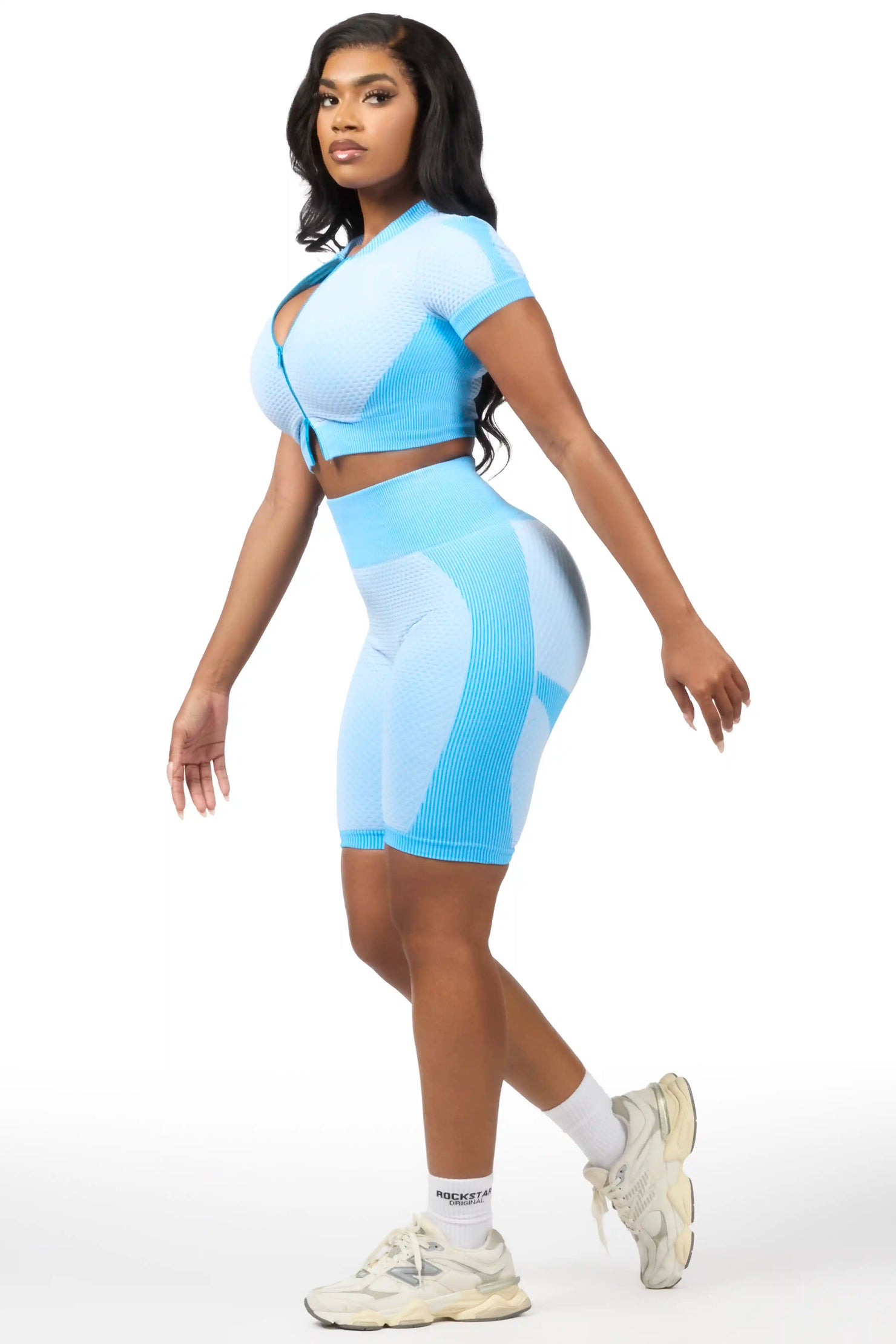 Gisselle Blue Zip Up Active Bike Short Set