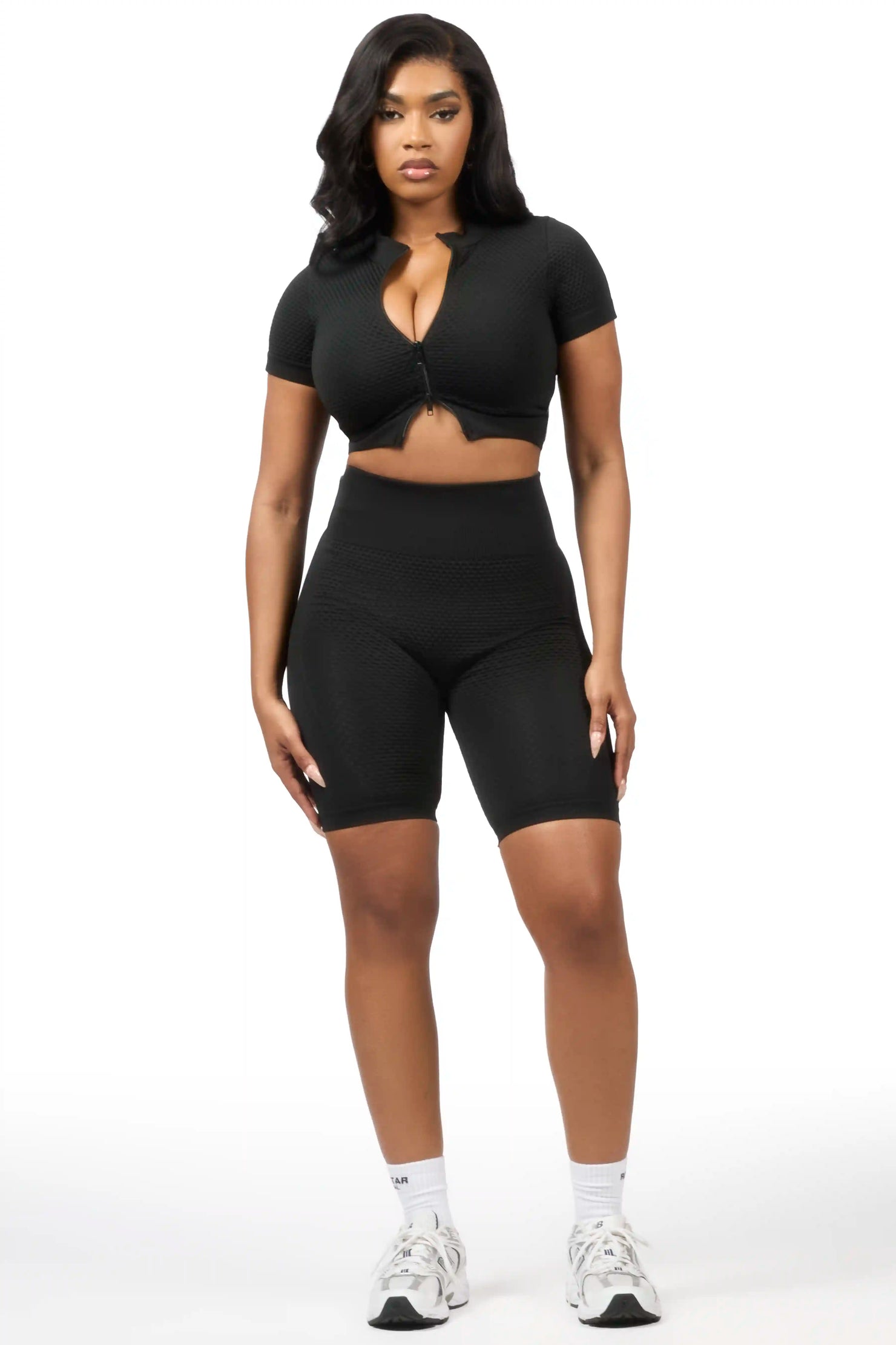 Gisselle Black Zip Up Active Bike Short Set