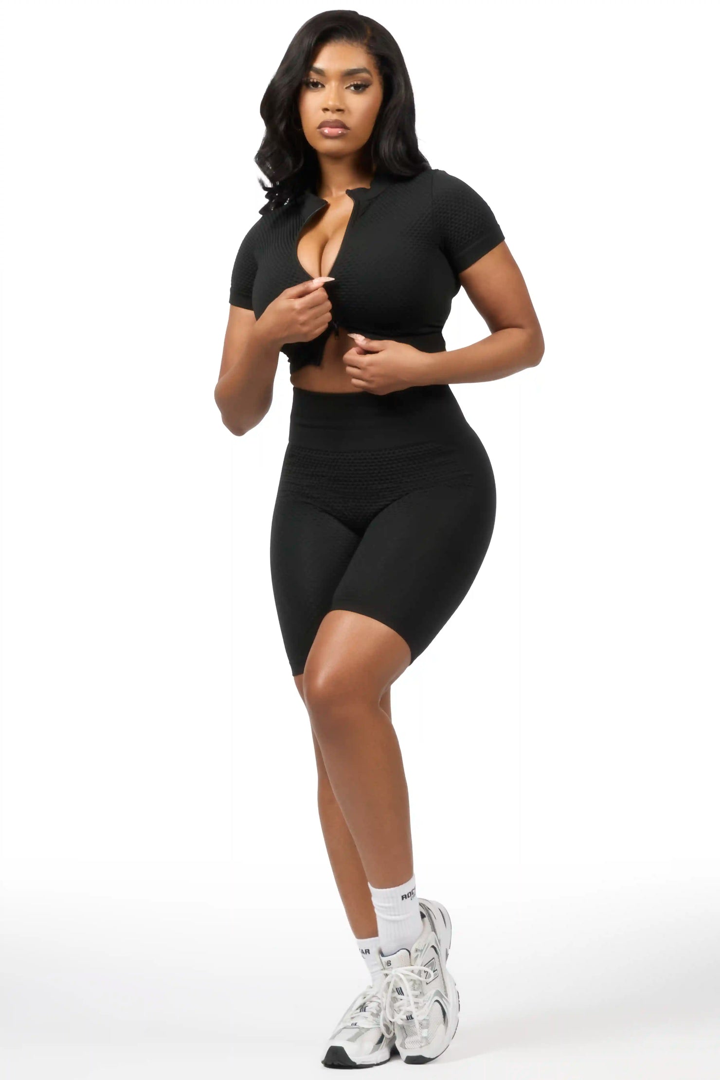 Gisselle Black Zip Up Active Bike Short Set