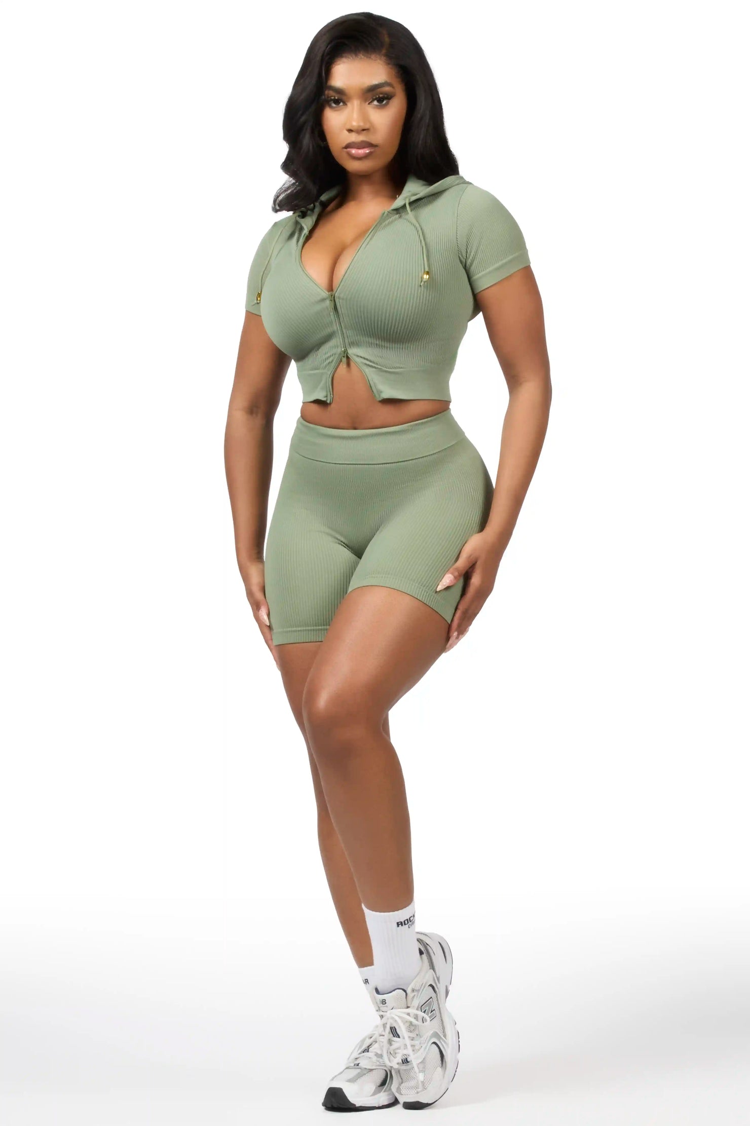 Tocsha Olive Zip Up Active Bike Short Set