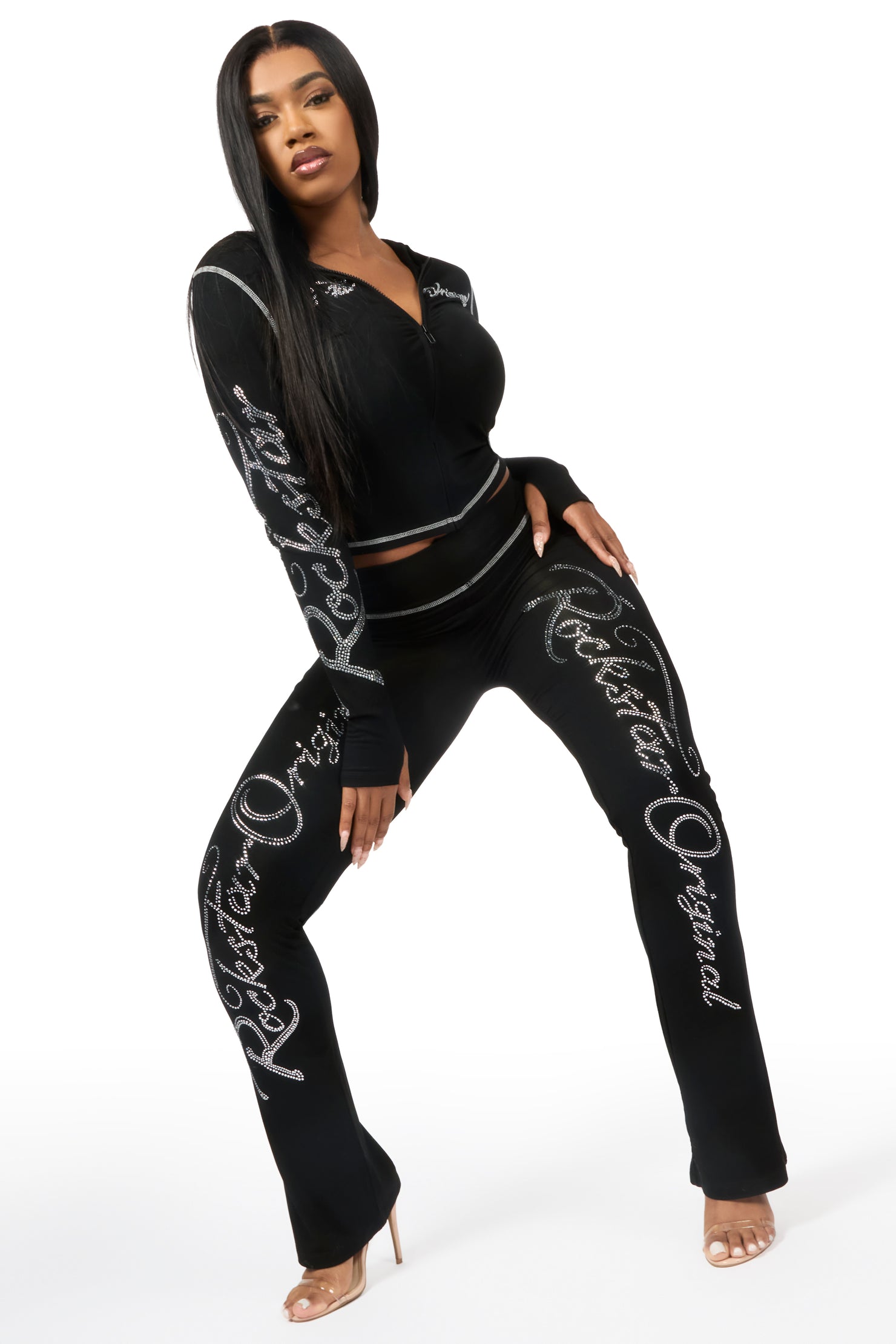 Talanie Black Rhinestone Lounge Track Set