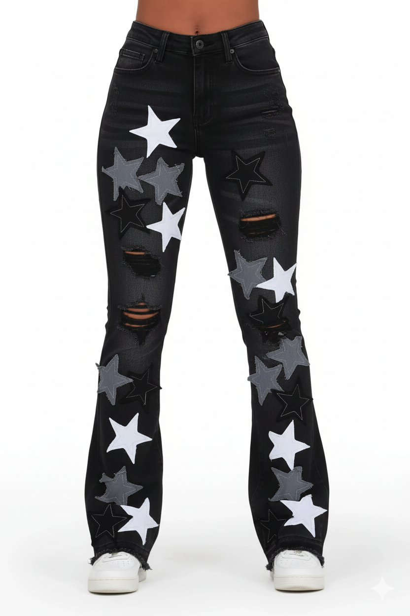 Starlena Black Stacked Flare Jean