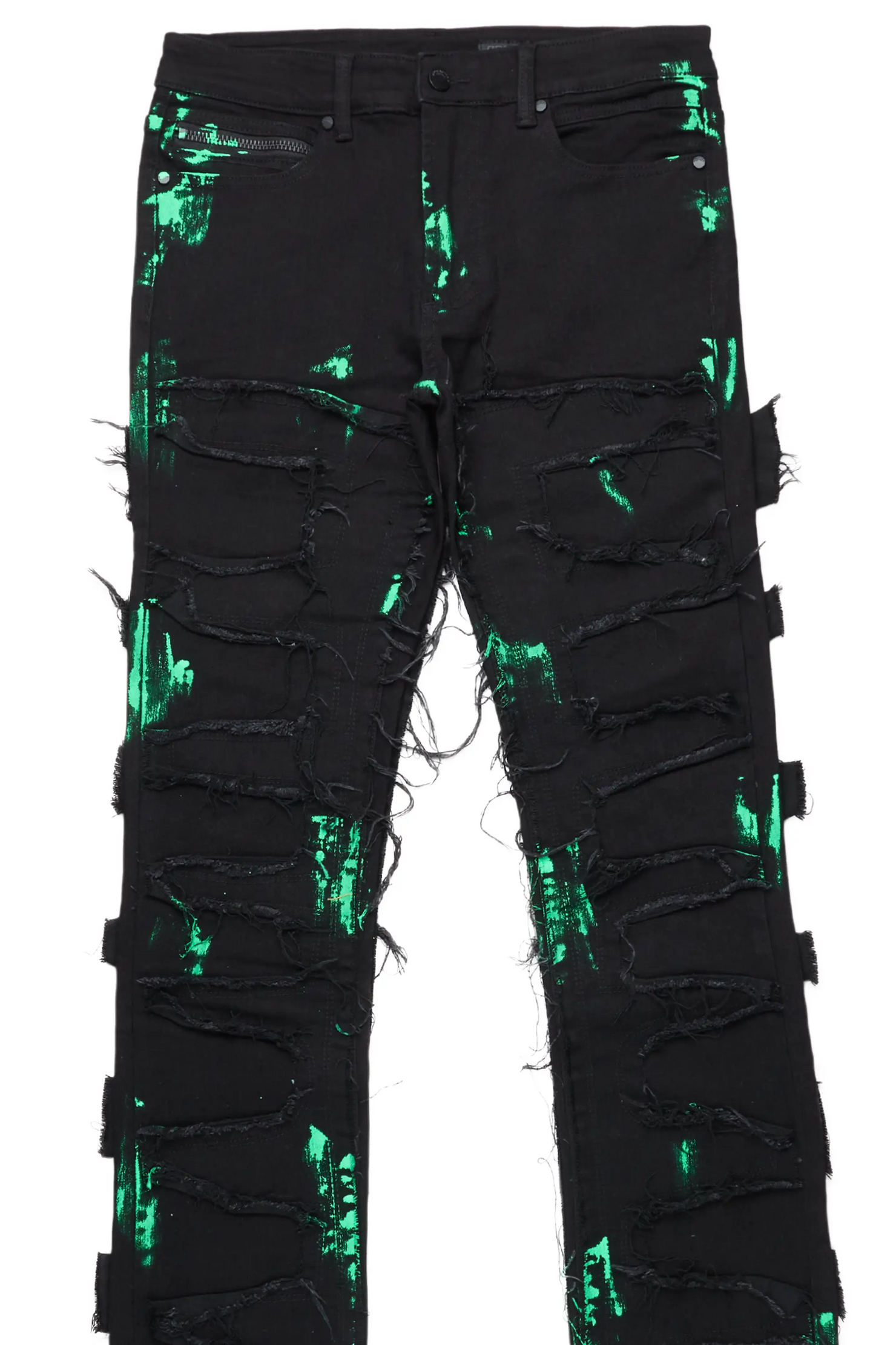Gideon Black/Green Super Stacked Flare Jean