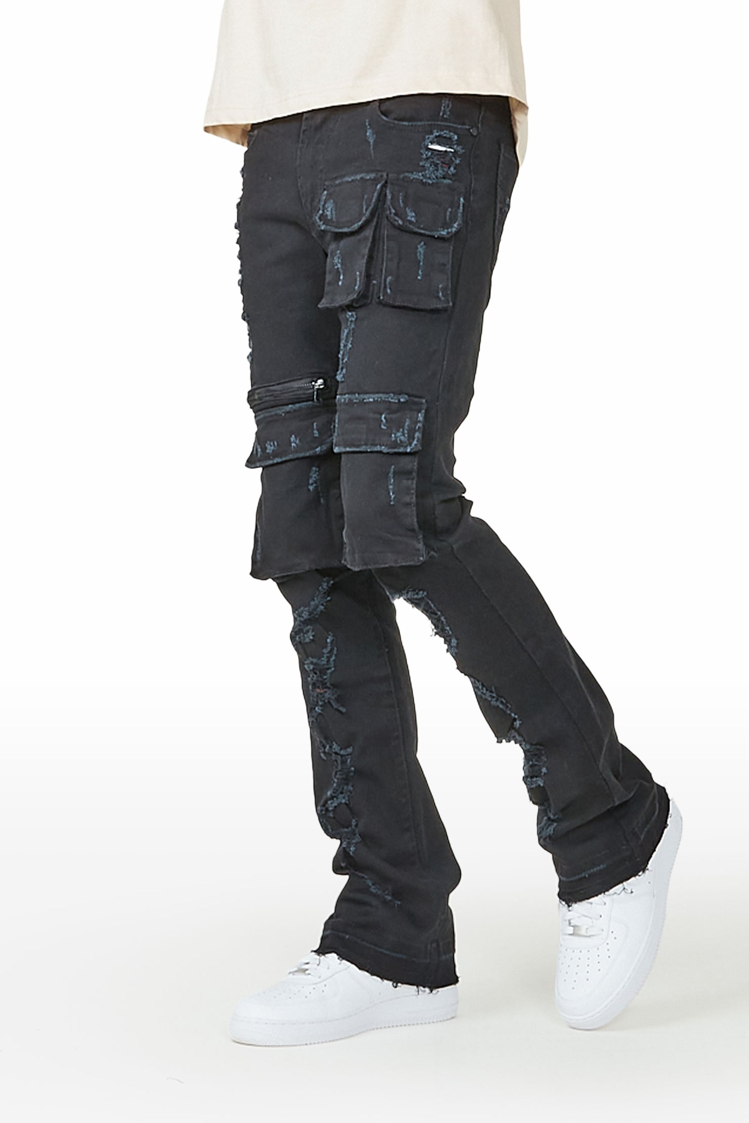 Sleez Black Stacked Flare Cargo Jean