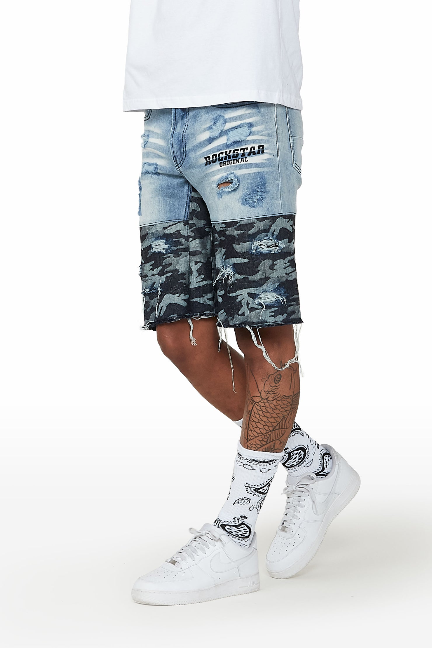 Santigo Blue/Grey Camo Camo Patchwork Denim Short