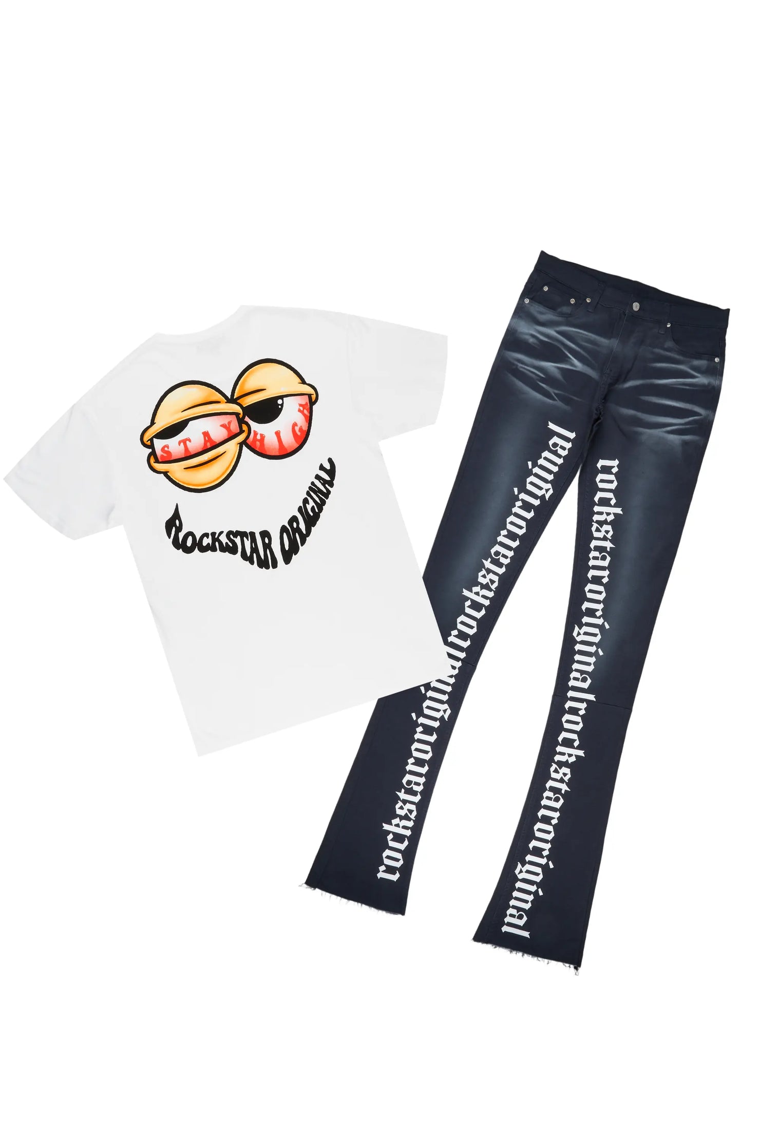 Highya White T-Shirt & Filip Super Stacked Jean Bundle