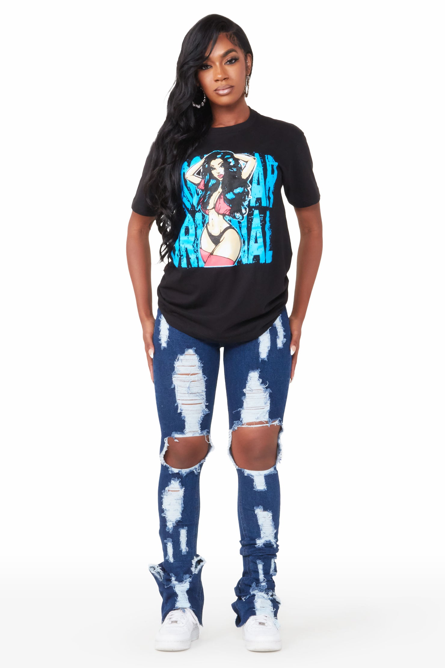 Valerie Dark Wash Distressed Super Stacked Jean