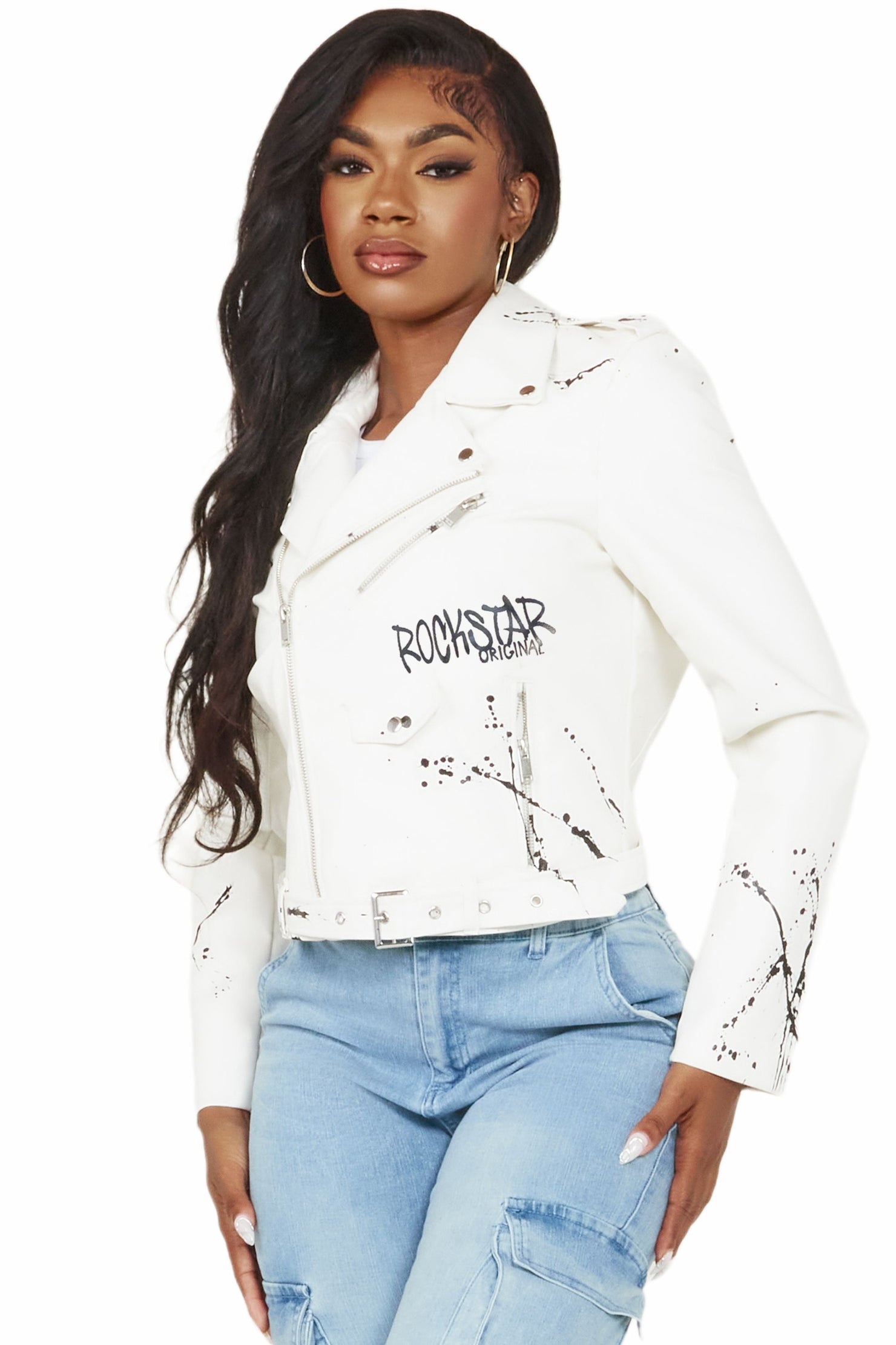 Indi White Drippy Biker Jacket