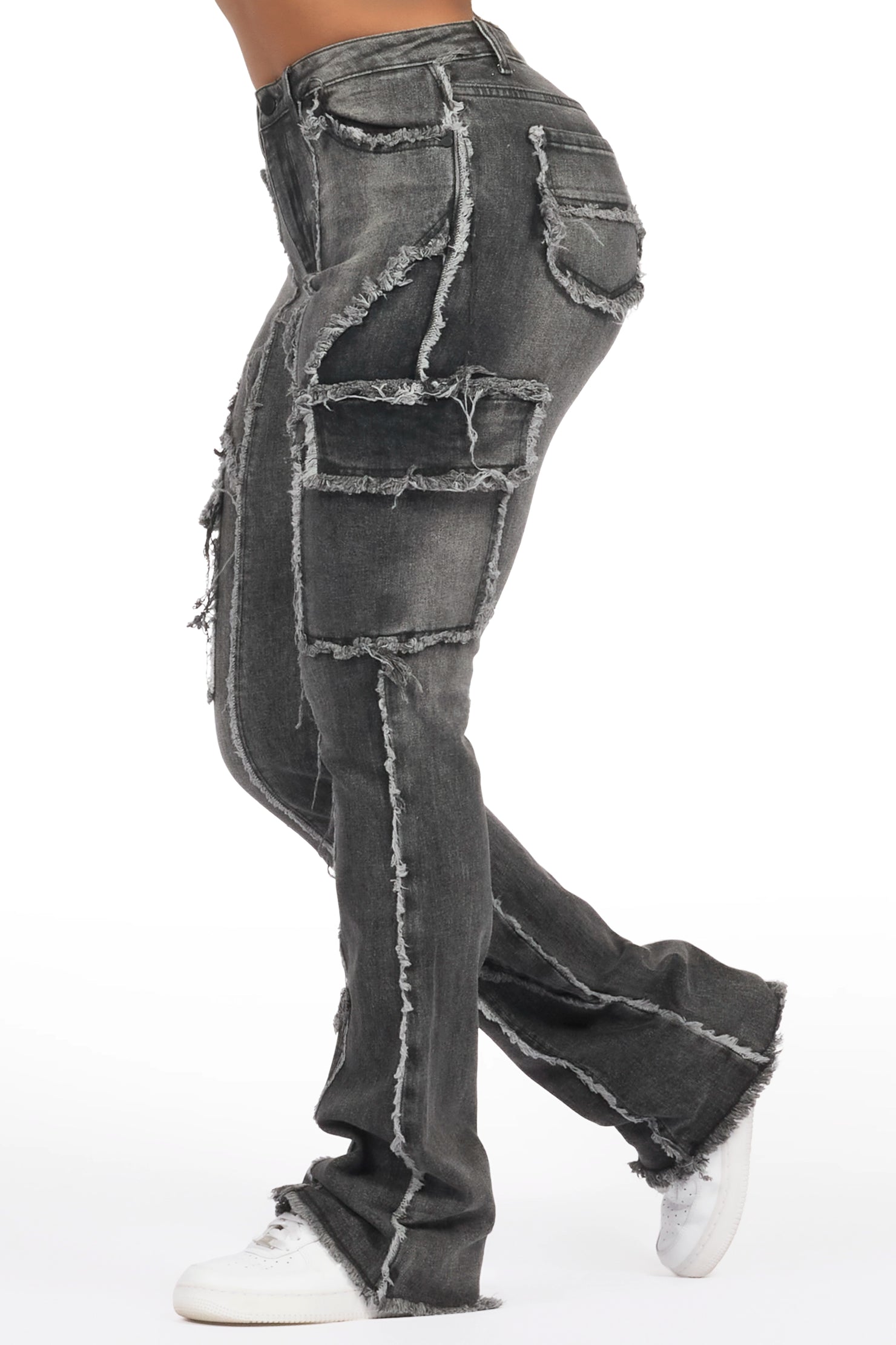 Keshia Dark Grey Wash Stacked Flare Jean