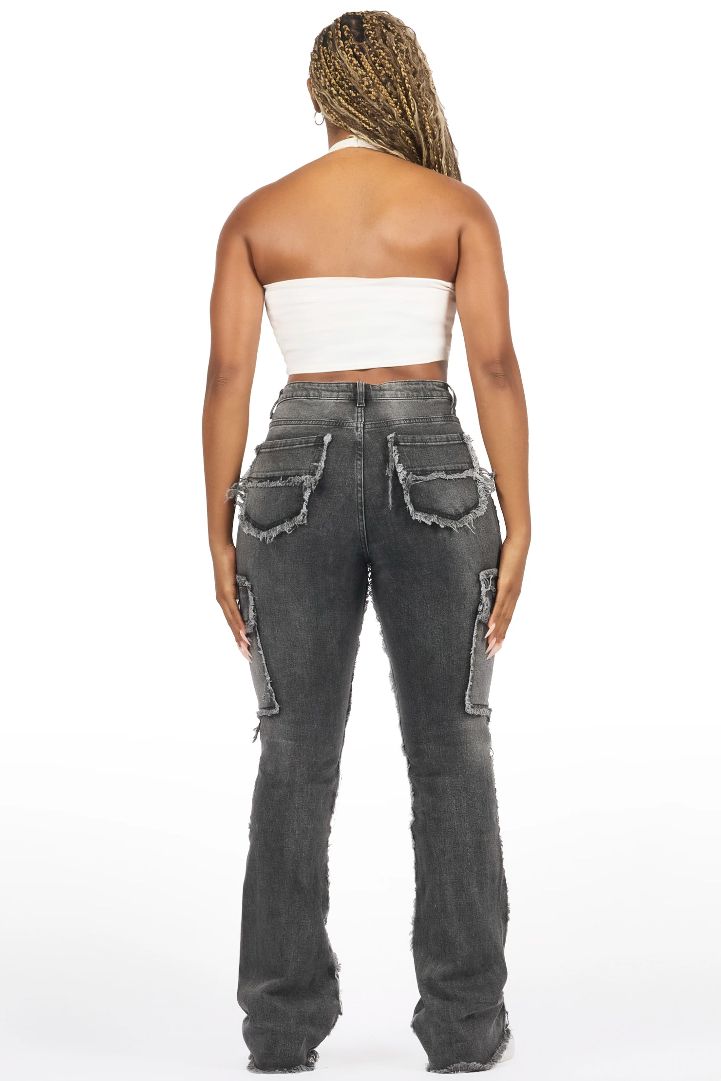Keshia Dark Grey Wash Stacked Flare Jean