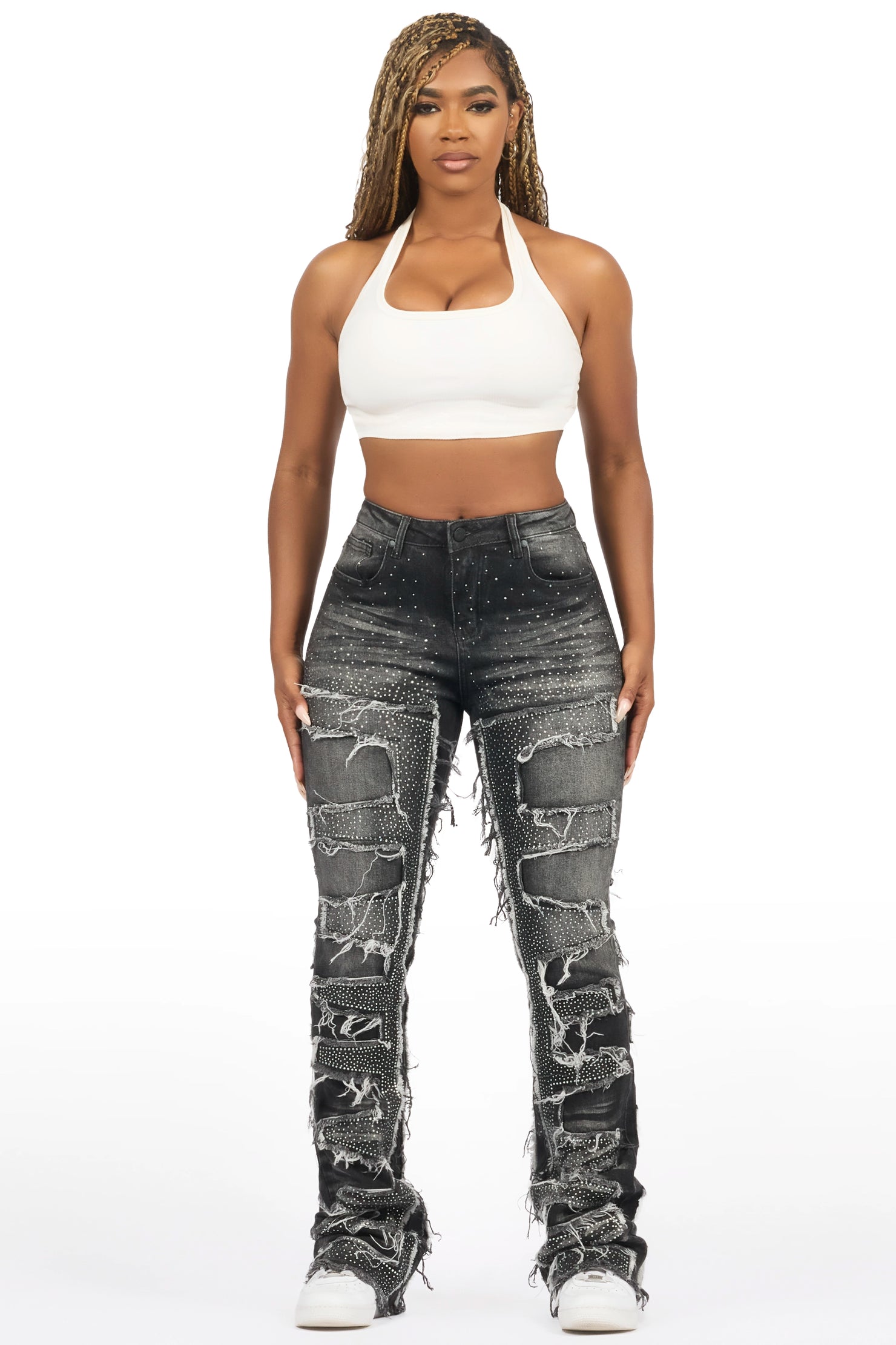 Zariyah Grey Wash Rhinestone Stacked Flare Jean