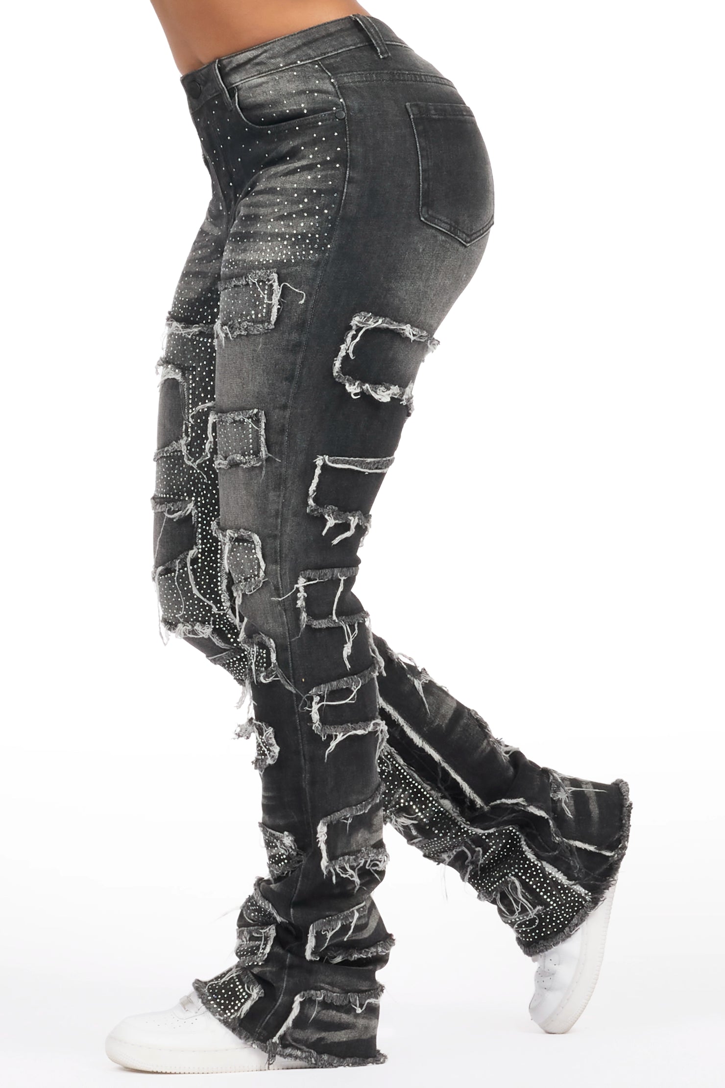 Zariyah Grey Wash Rhinestone Stacked Flare Jean