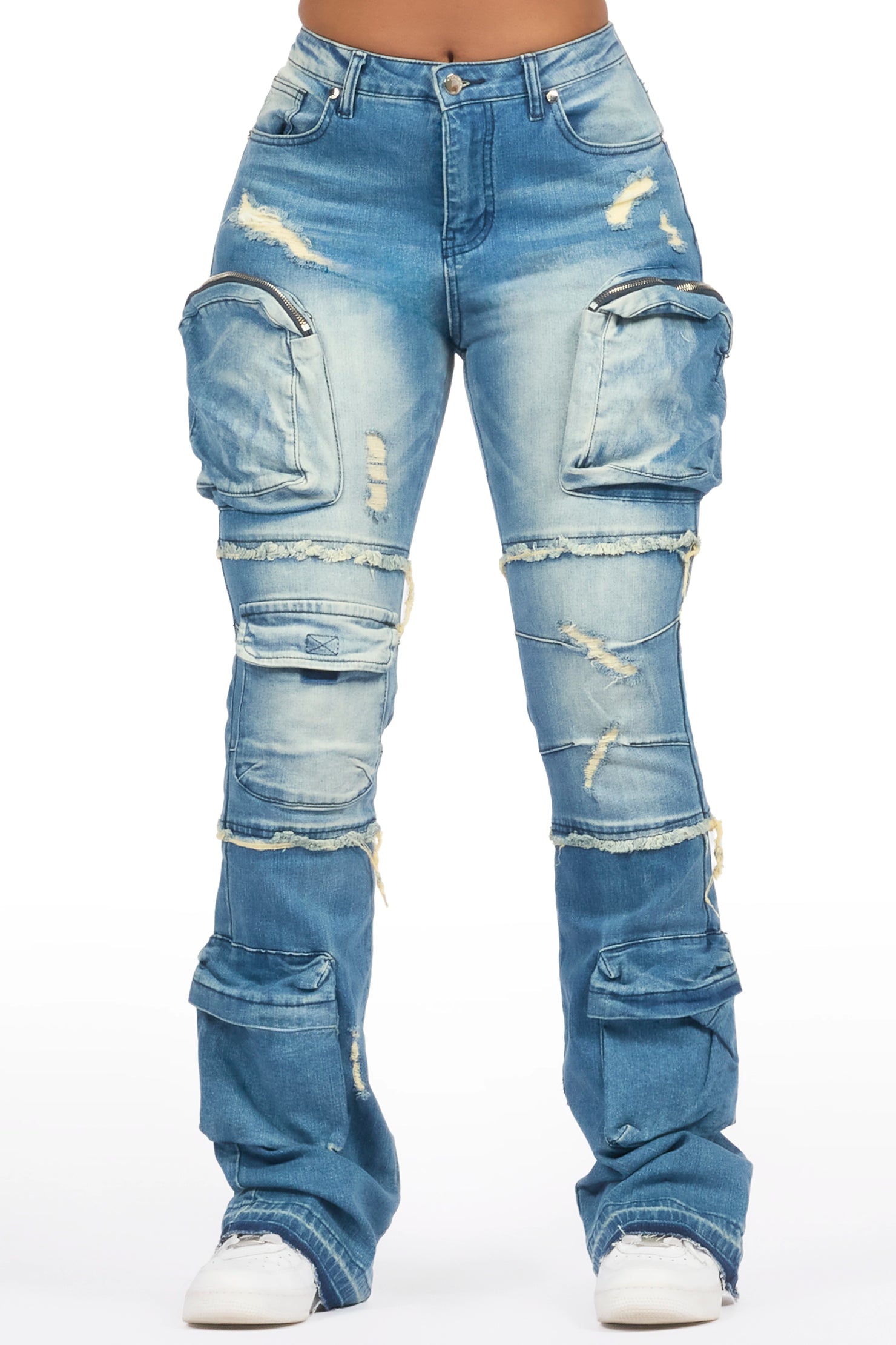 Toniesha Dirty Blue Wash Stacked Flare Jean