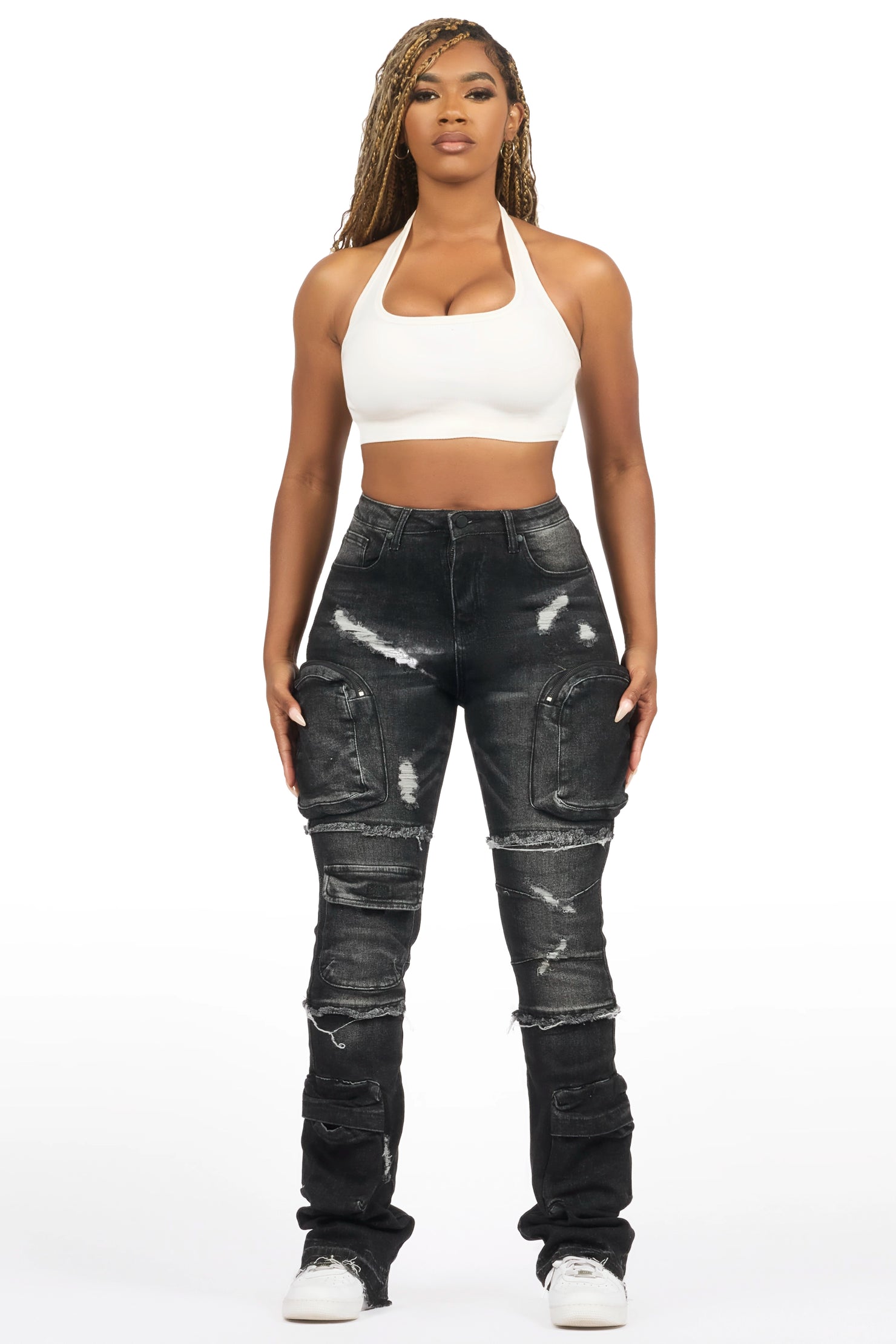 Toniesha Dark Grey Wash Stacked Flare Jean