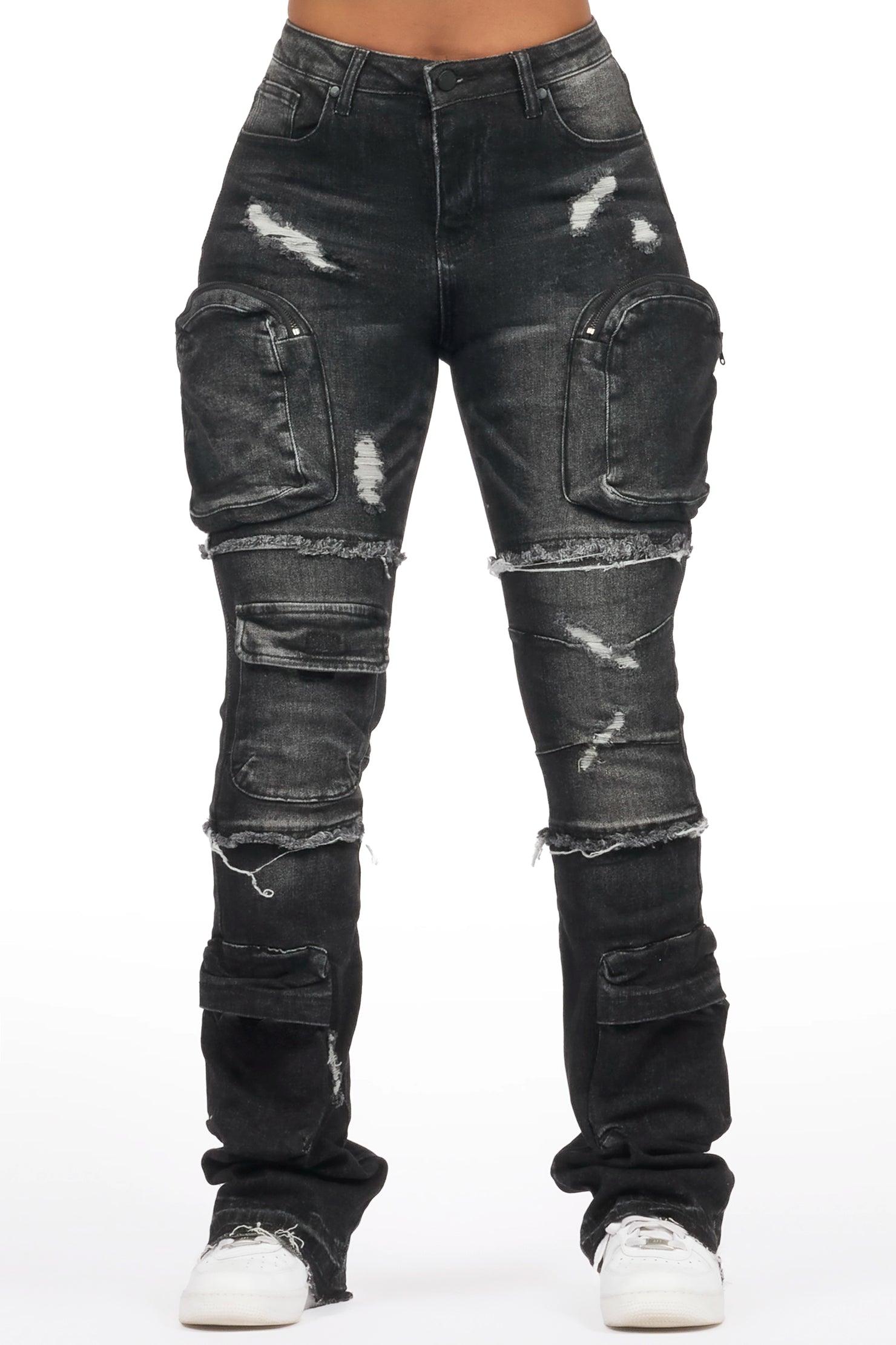 Toniesha Dark Grey Wash Stacked Flare Jean