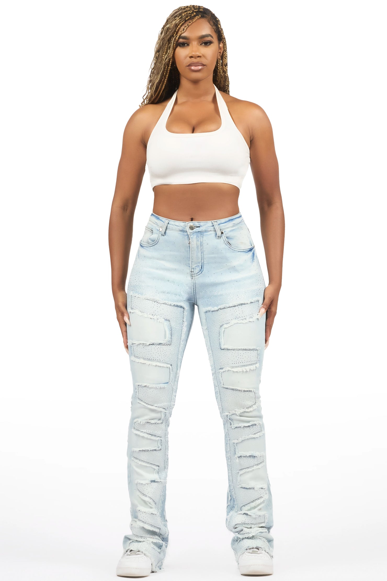 Zariyah Rhinestone Light Wash Stacked Flare Jean
