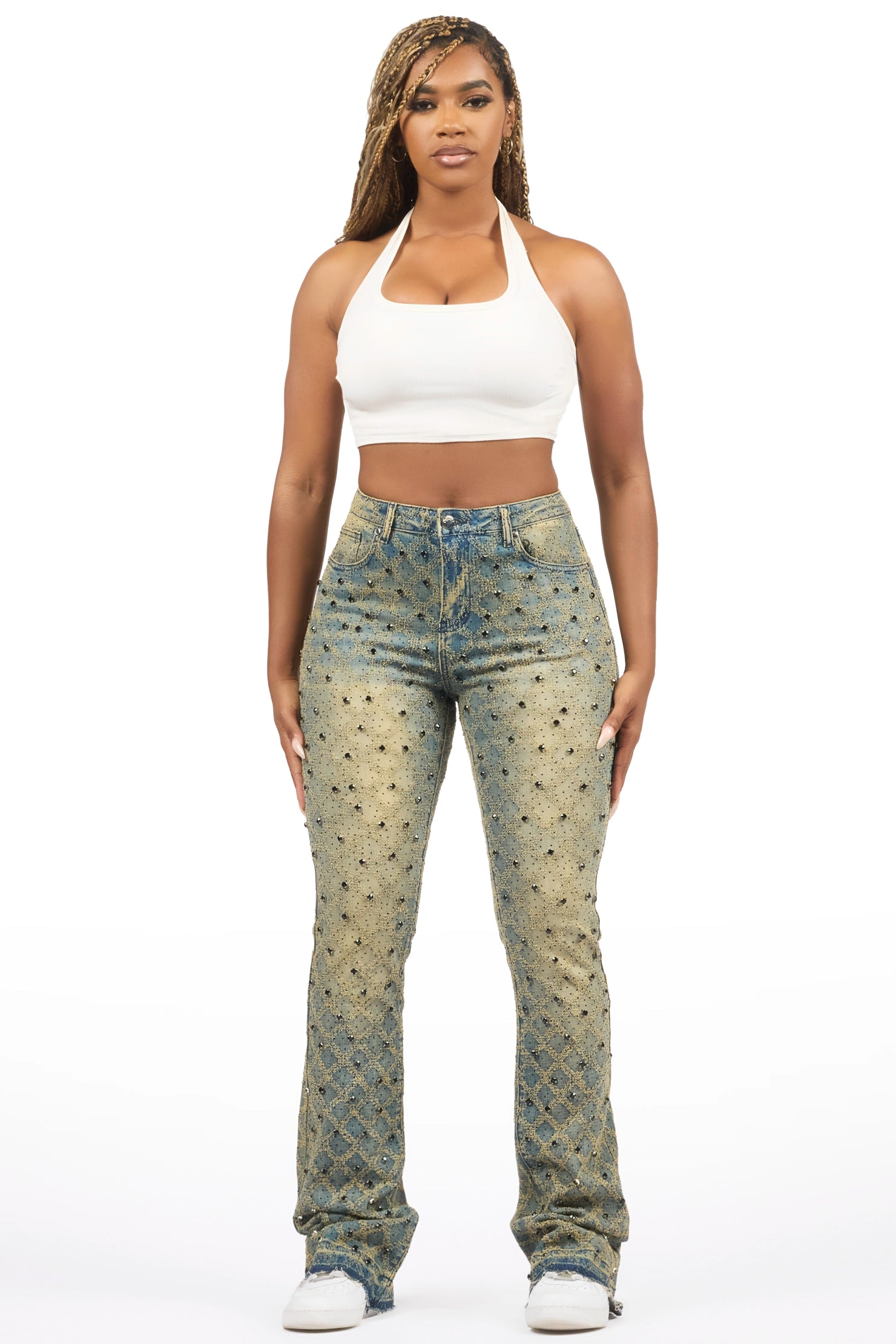 Sareka Tinted Dark Wash Rhinestone Stacked Flare Jean