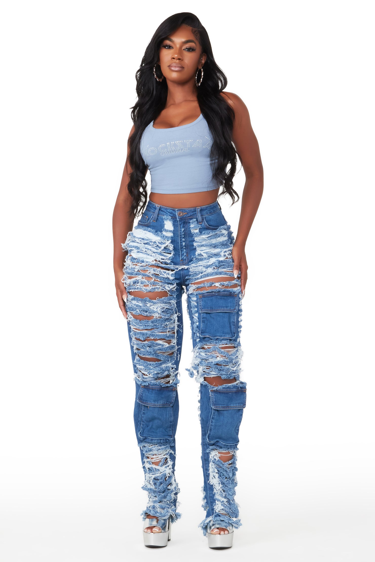 Serenity Med. Wash Super Shredded Wide Leg Jean