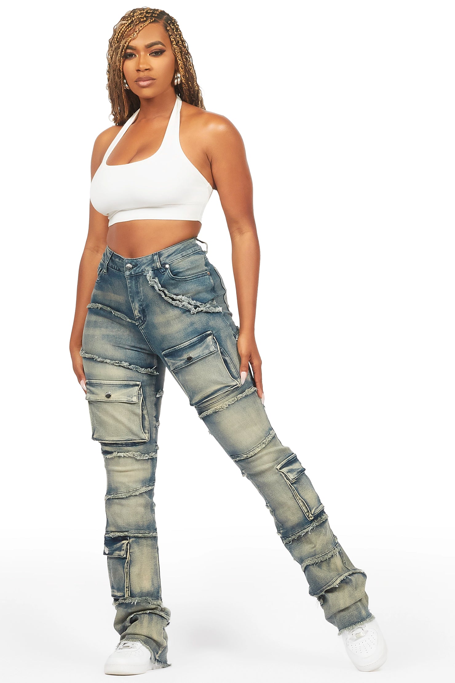 Mikayla Tinted Dark Wash Stacked Flare Jean