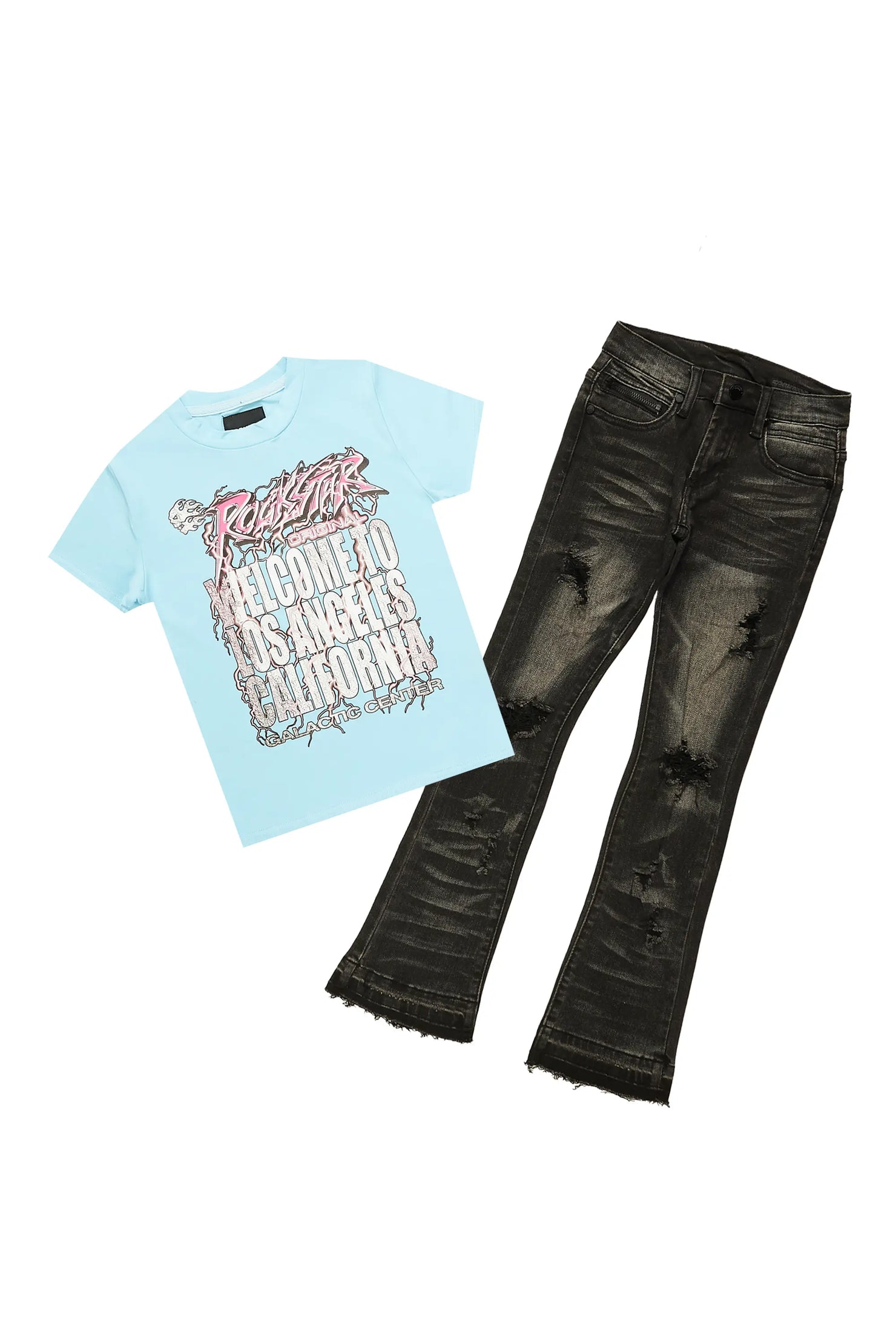Boys Xavi Light Blue T-Shirt/Super Stacked Flare Jean Set
