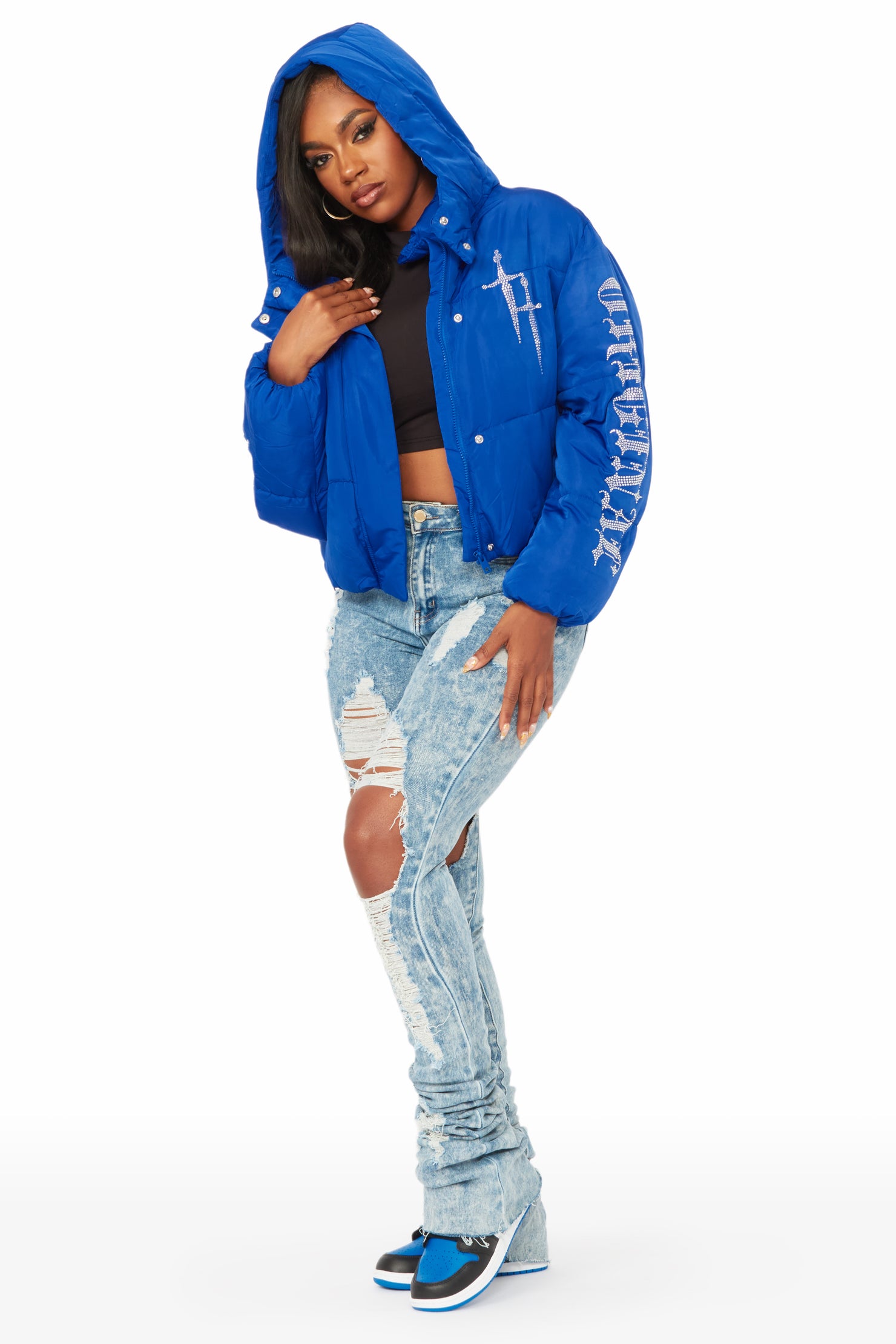 Kalisha Royal Blue Rhinestone Puffer Jacket
