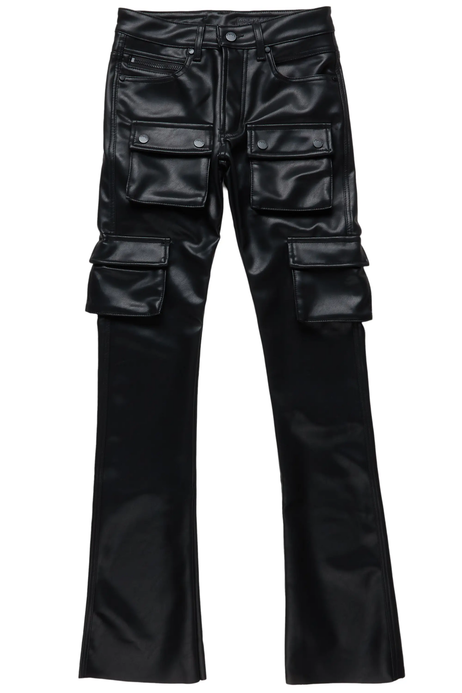 Khaza Black Faux Leather Stacked Flare Jean