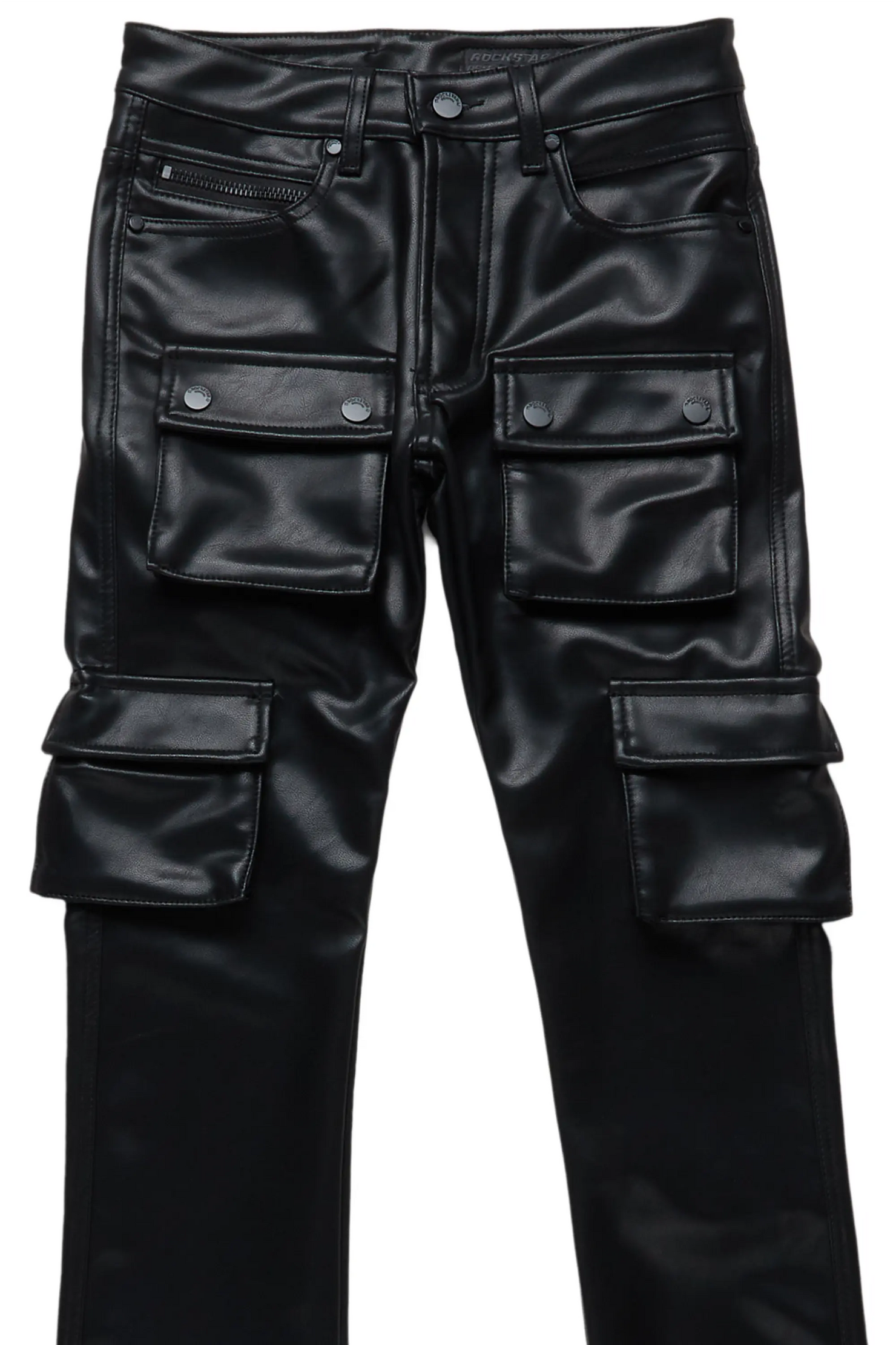 Khaza Black Faux Leather Stacked Flare Jean
