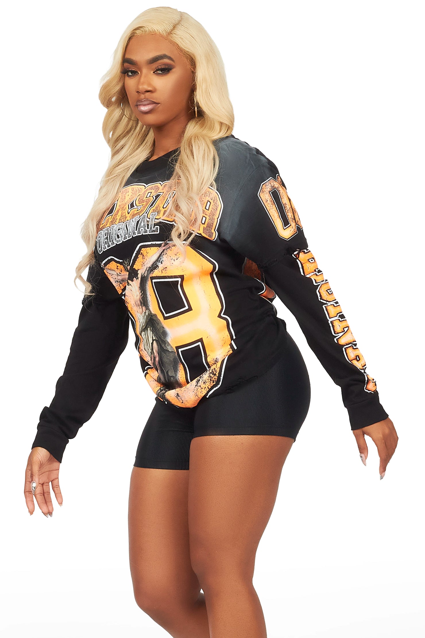 Tariqa Black/Orange Double Layer Graphic T-Shirt