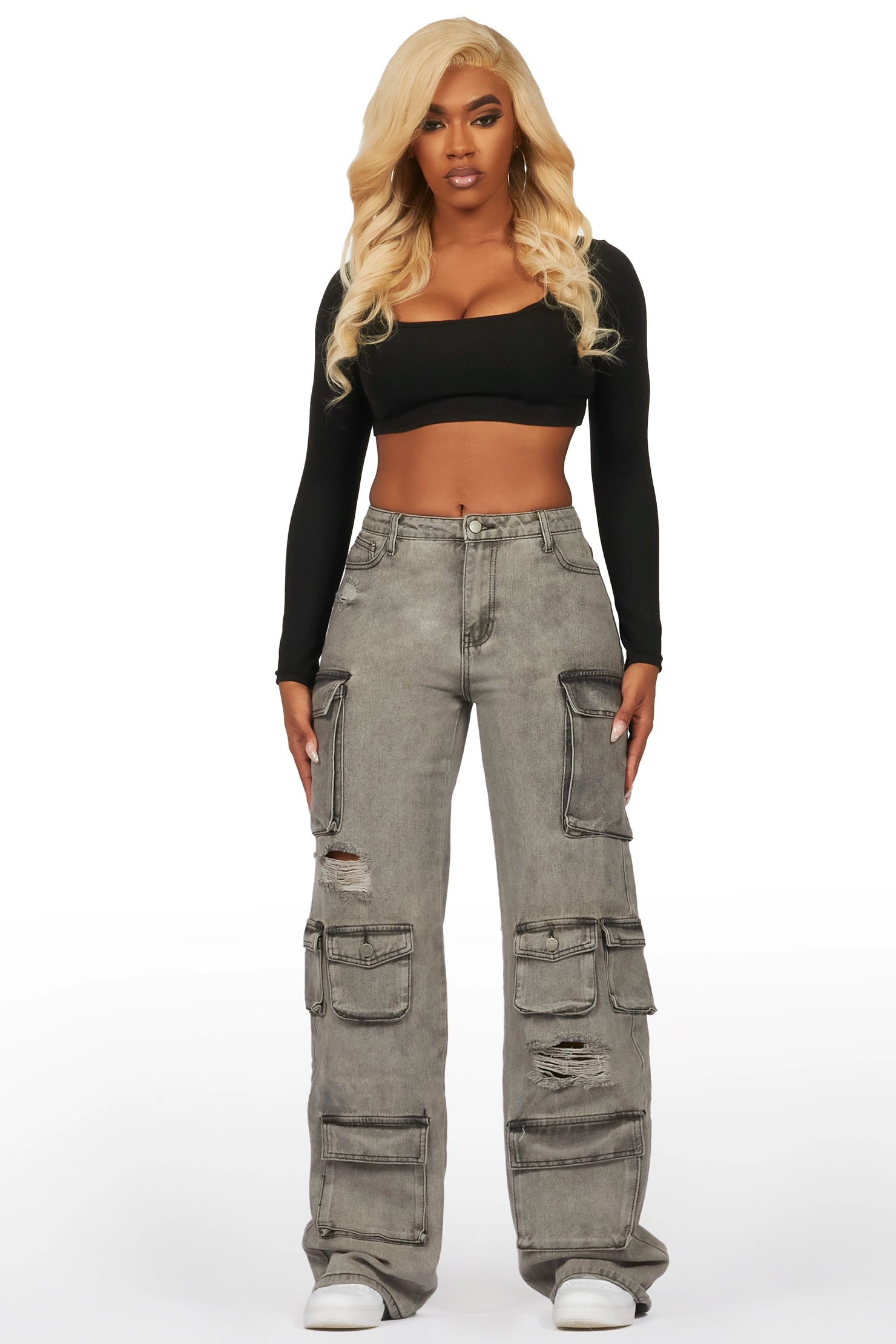 Jahmani Grey Wash Stretch Wide Leg Jean