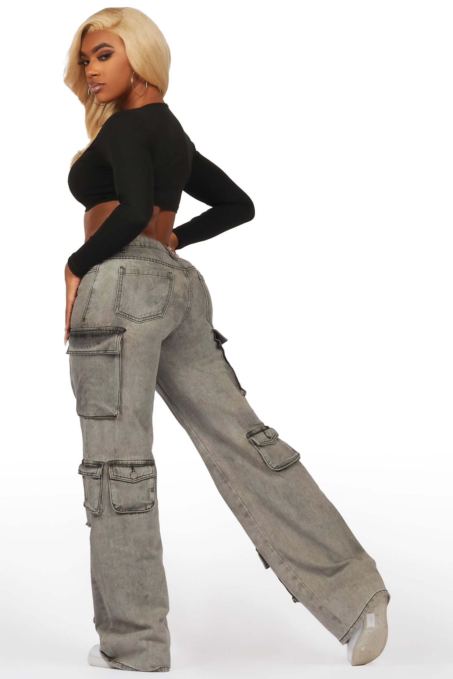 Jahmani Grey Wash Stretch Wide Leg Jean