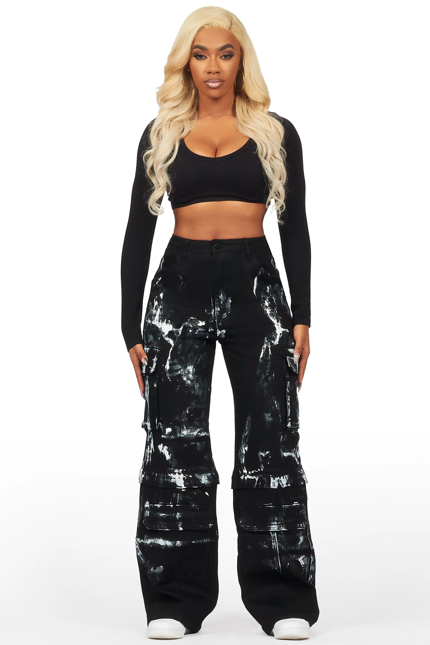 Necola Black Painted Stretch Wide Leg Jean