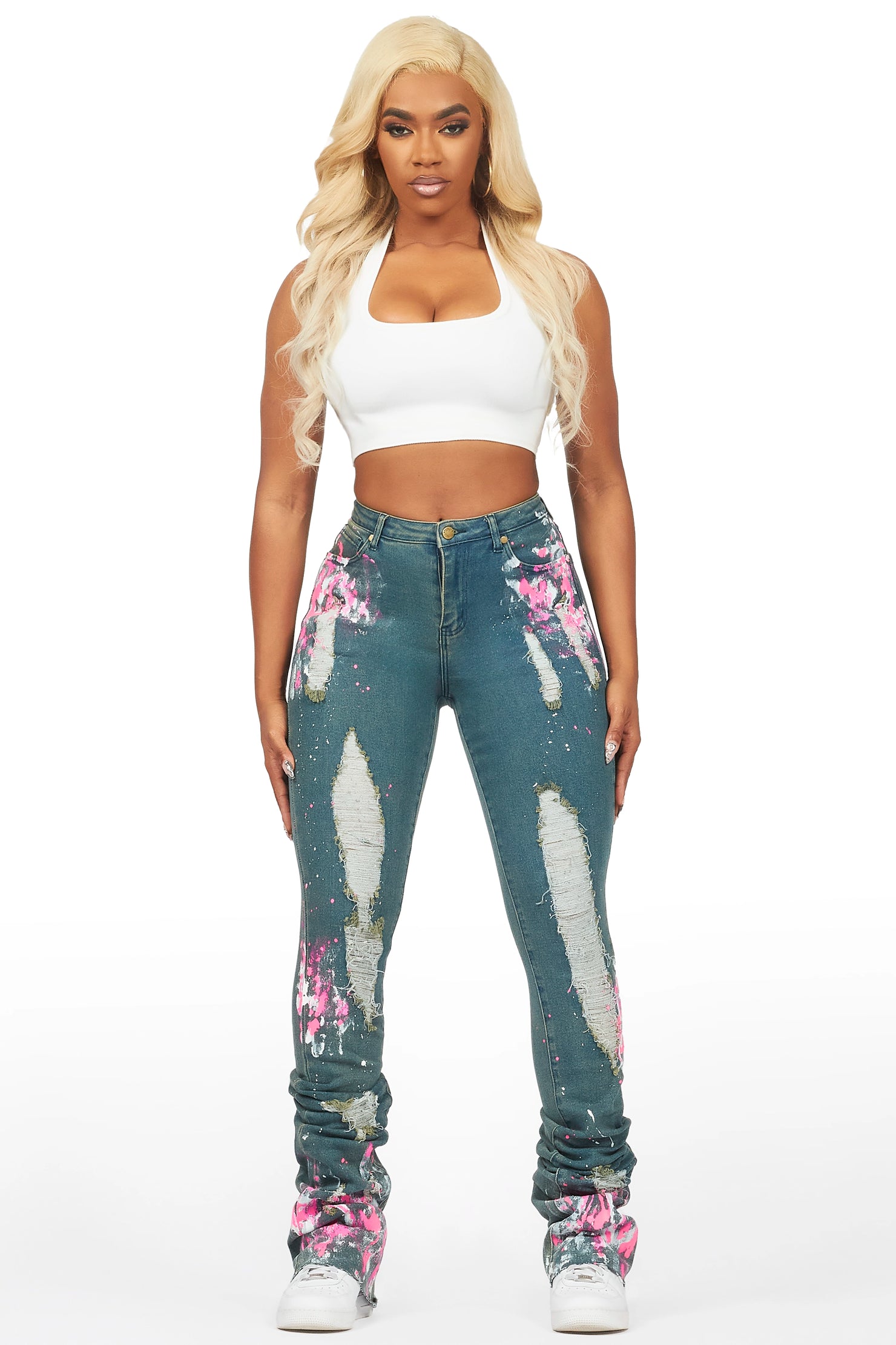 Terrika Tinted Dark Wash Painted Super Stacked Jean