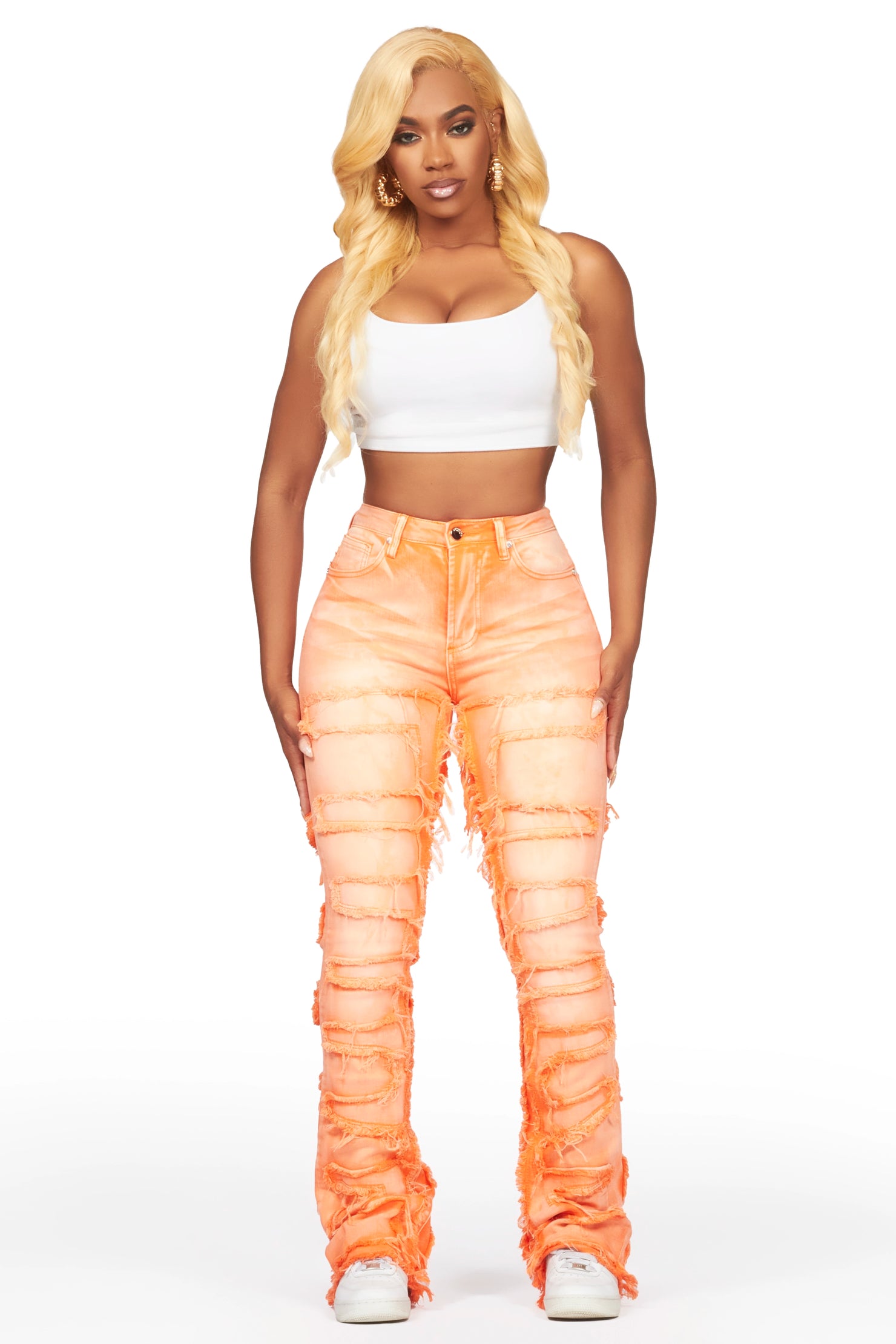 Zariyah Orange Stacked Flare Jean