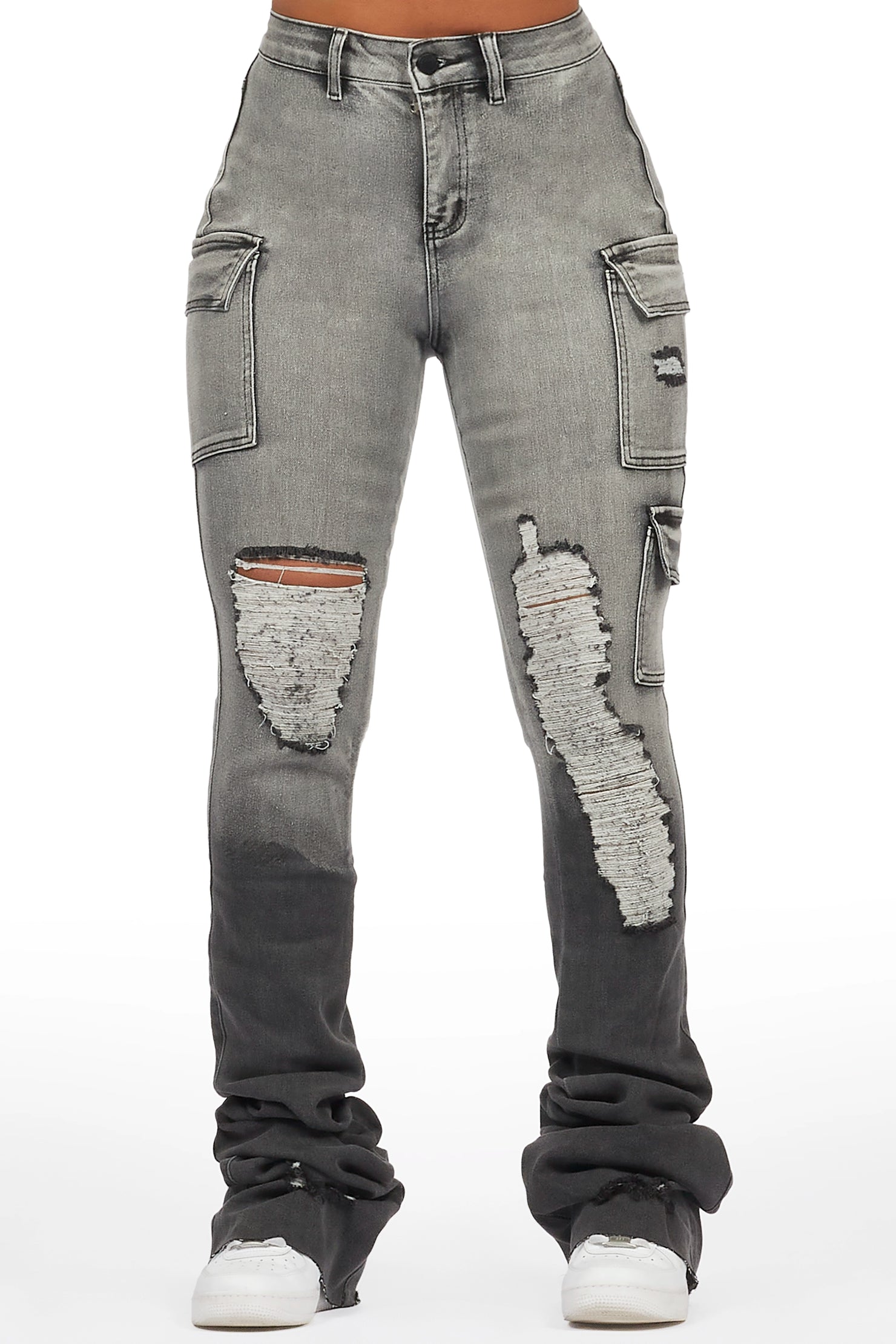 Vixen Grey Wash Distressed Cargo Super Stacked Jean