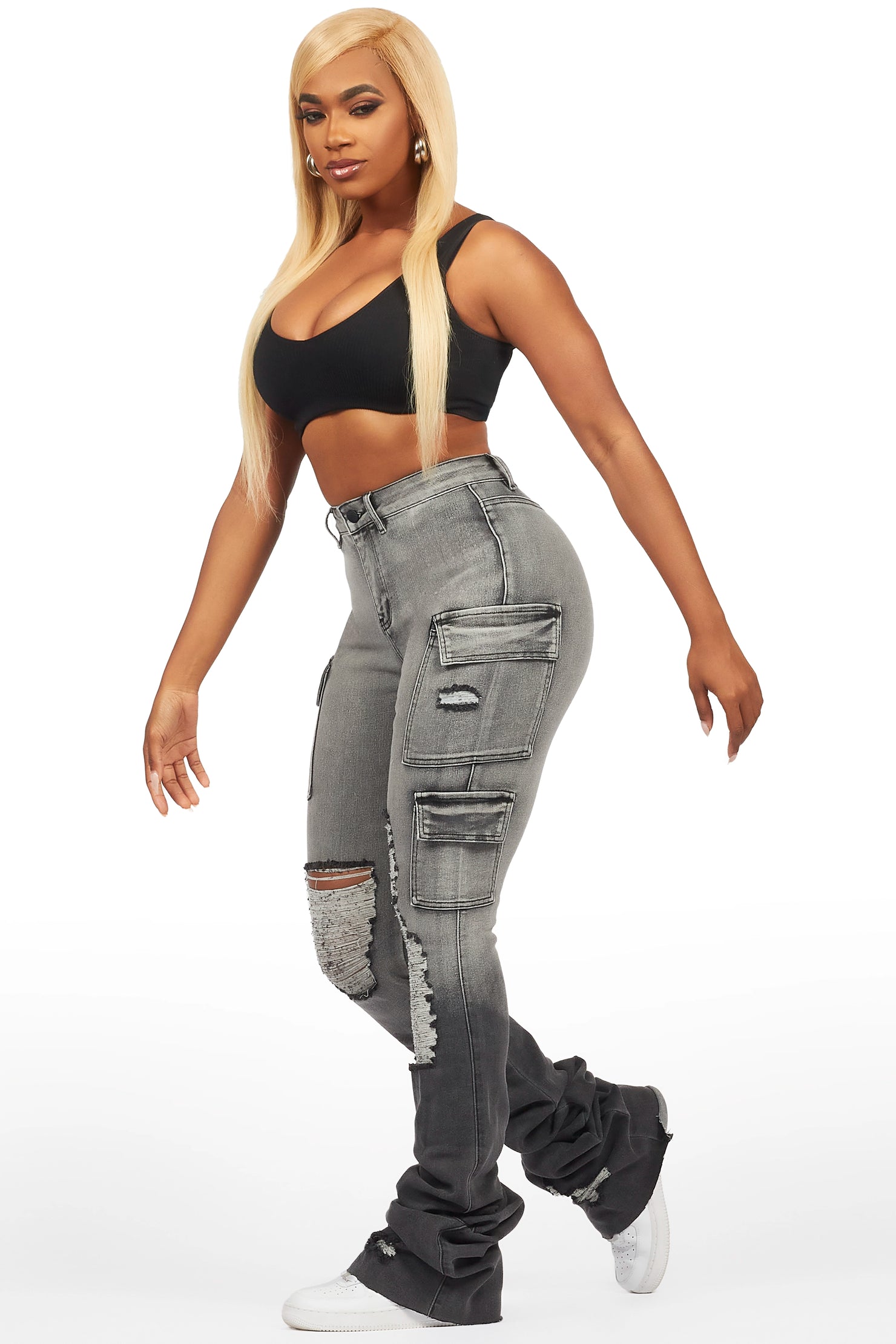Vixen Grey Wash Distressed Cargo Super Stacked Jean