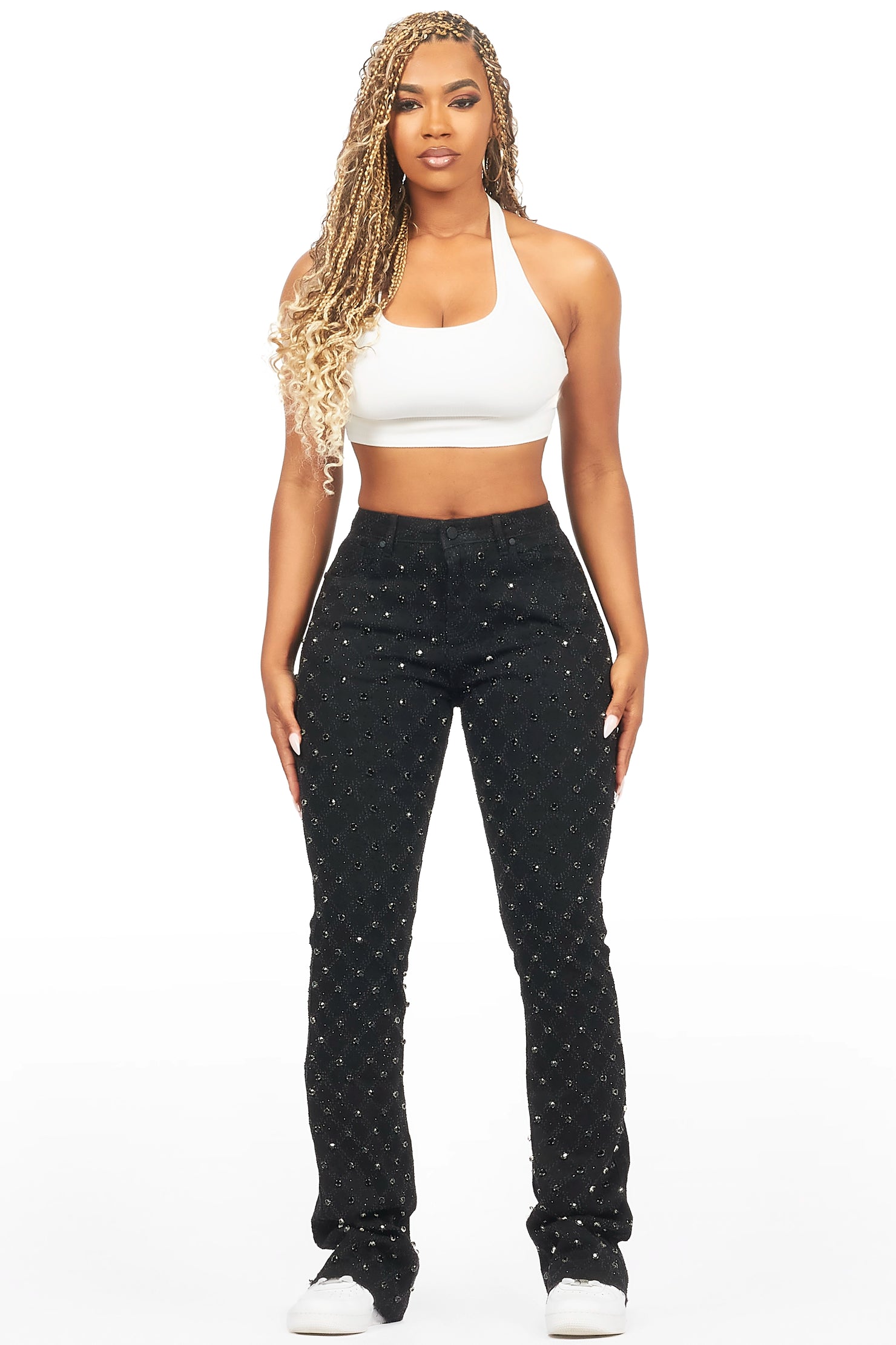 Sareka Black Rhinestone Stacked Flare Jean