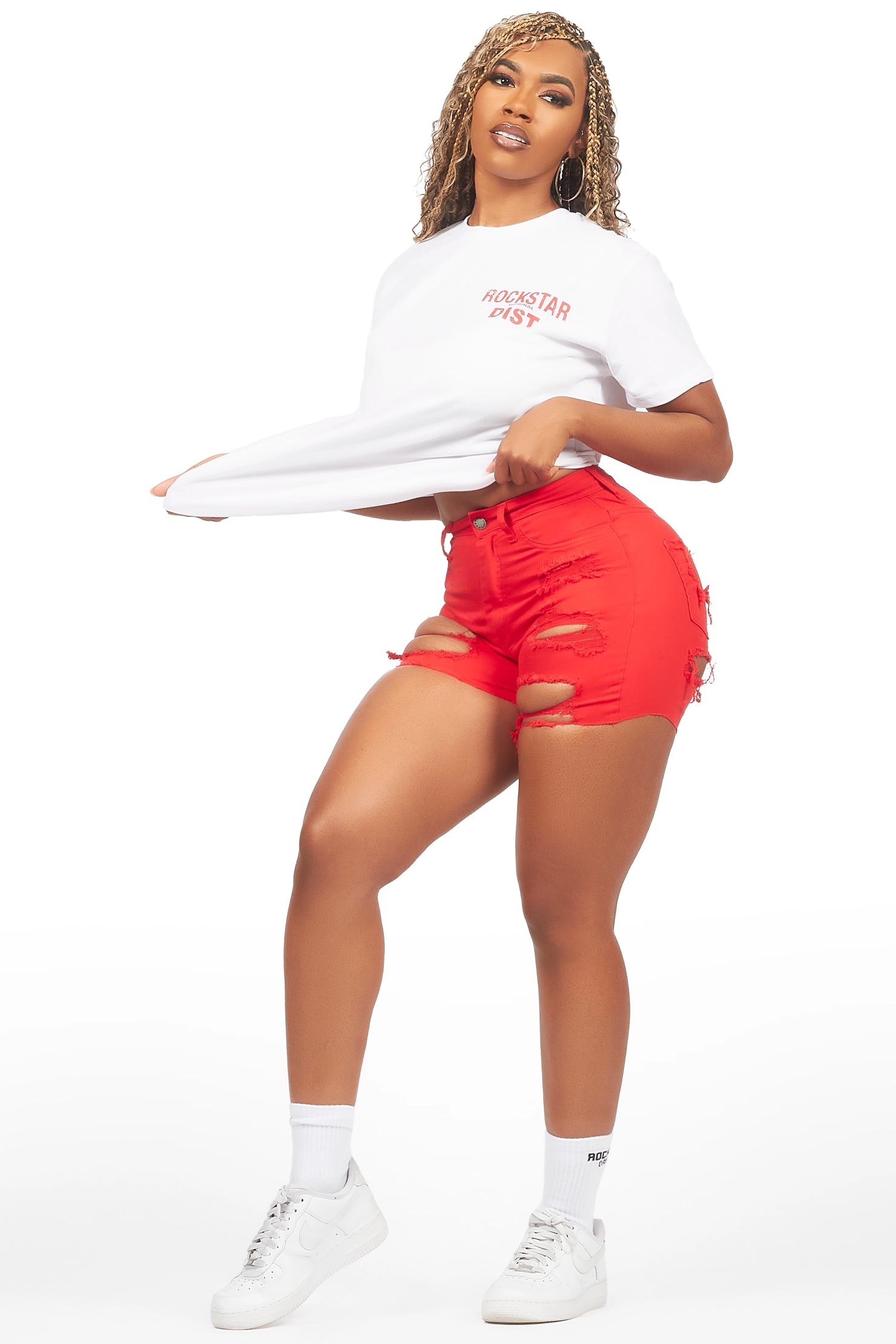 Jaquane White/Red Denim Short Set