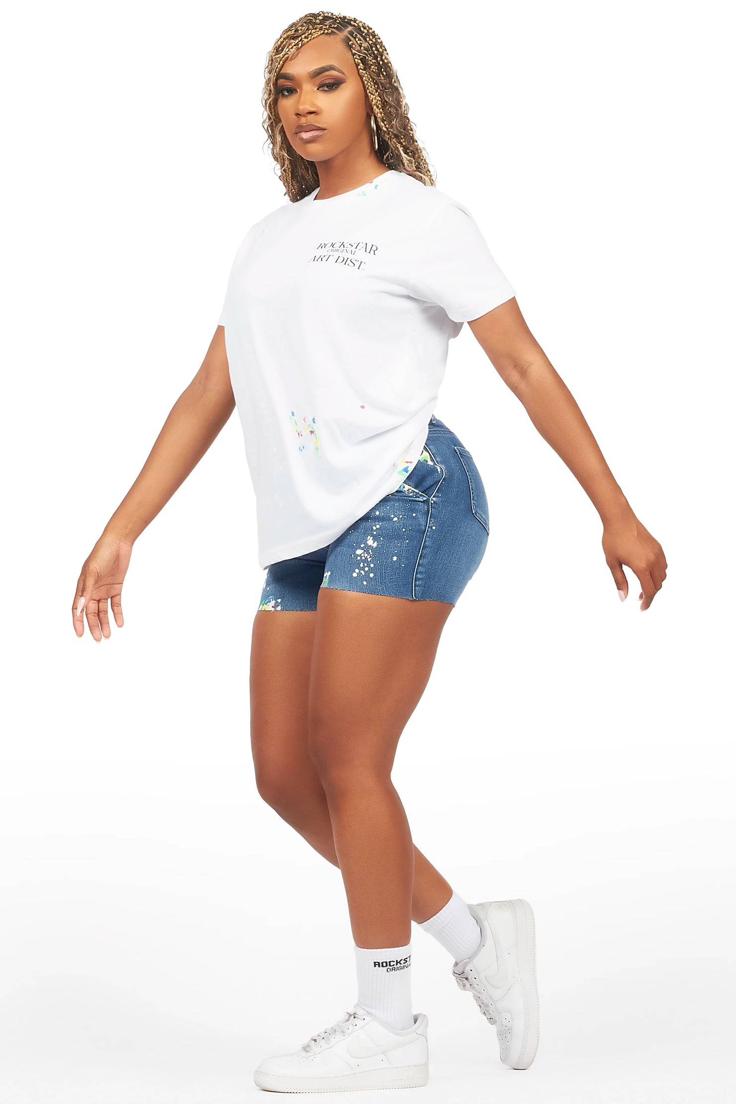 Nashiya White/Med Wash Denim Short Set