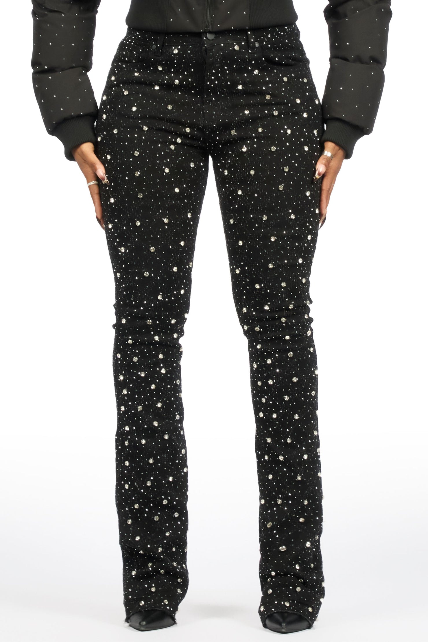 Sareka Black/Silver Rhinestone Stacked Flare Jean