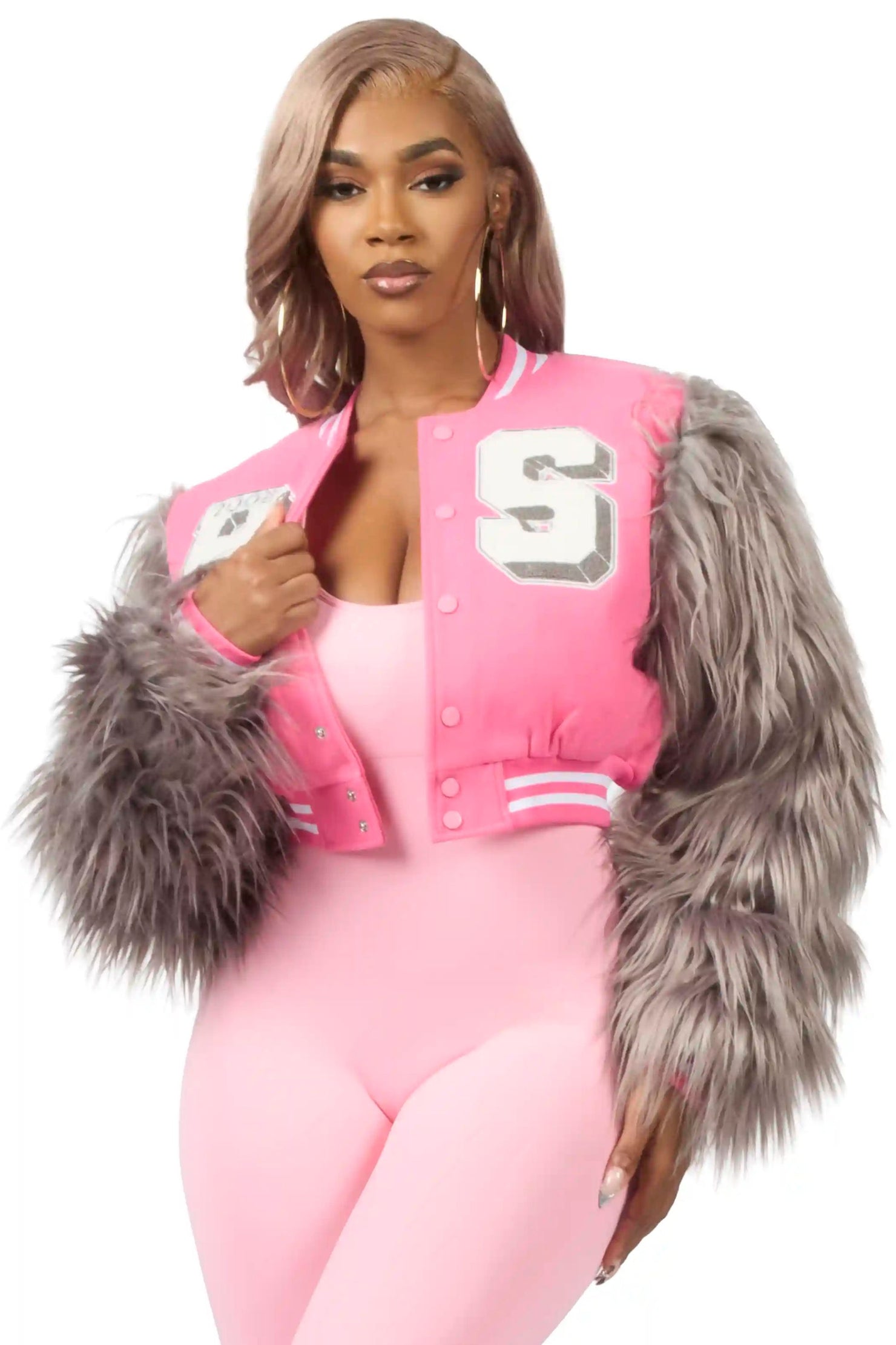 Jameicia Pink/Grey Fur Sleeve Varsity Jacket