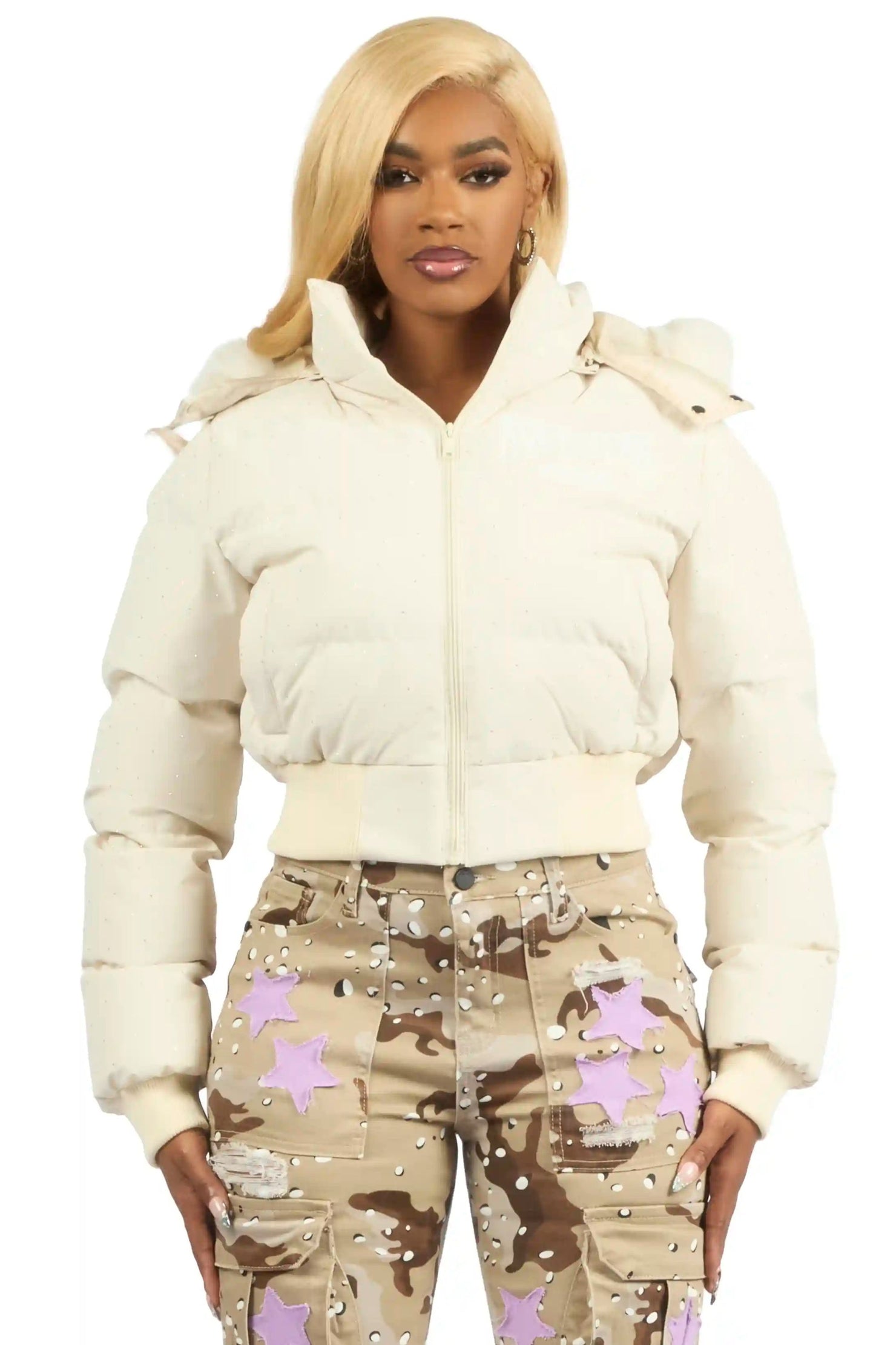 Gabrielle Beige Rhinestone Puffer Jacket With Fur Hood