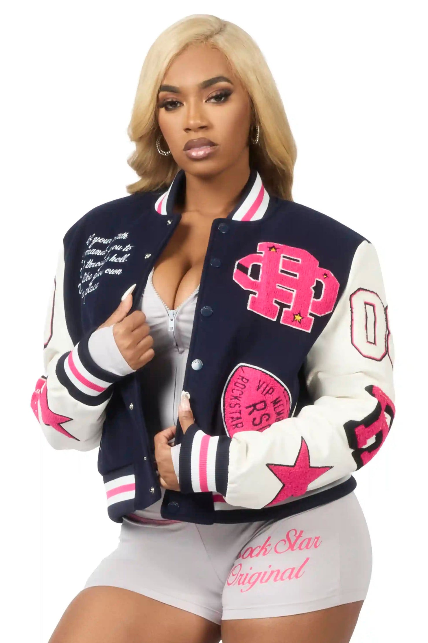 Adrienne Navy/Pink Oversized Varsity Jacket
