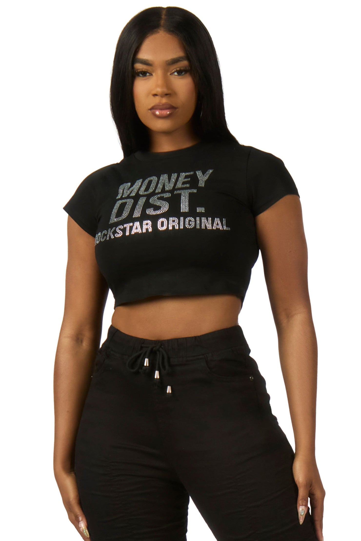 Sheteka Black Rhinestone Crop Baby Tee Shirt