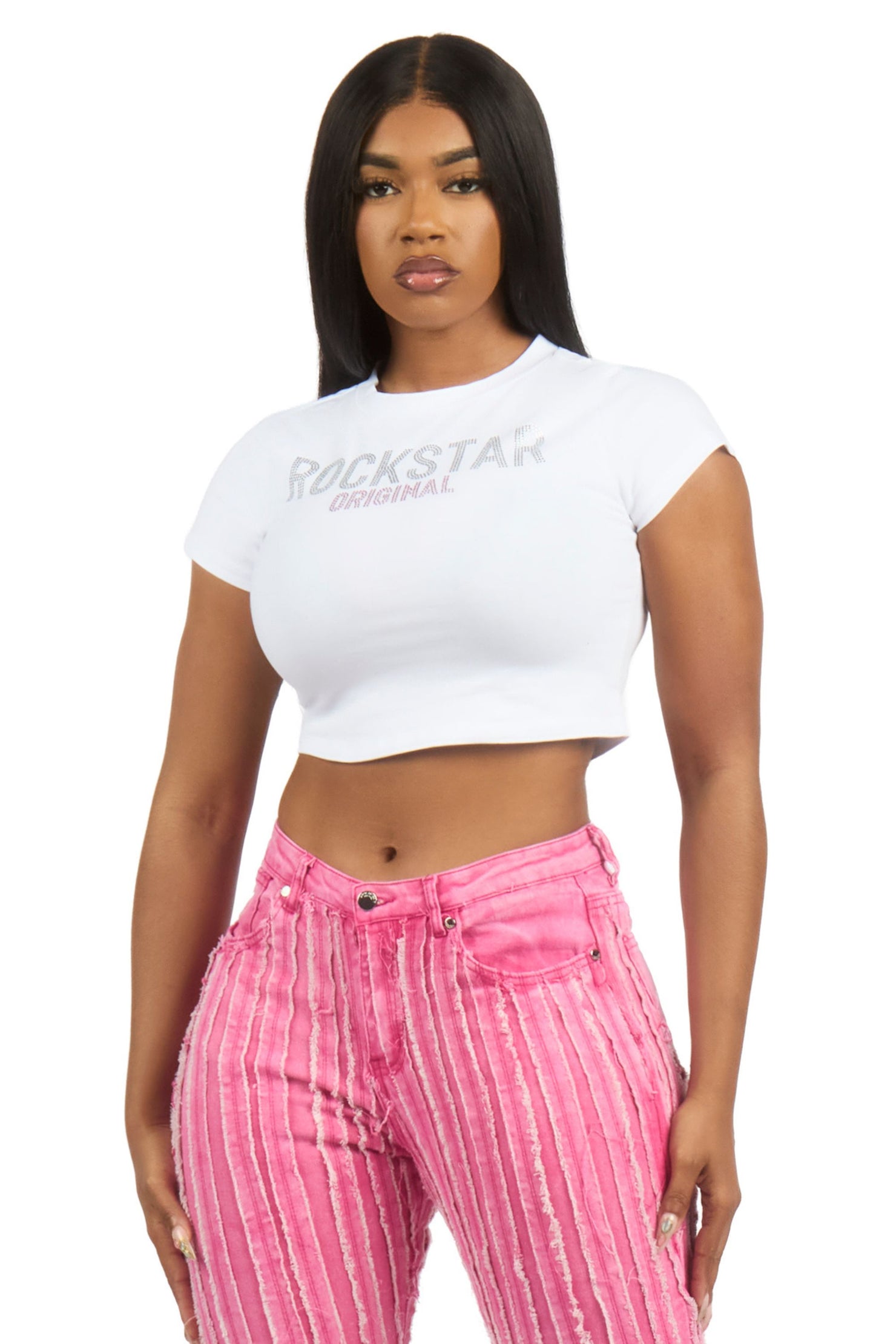 Erikka White Rhinestone Crop Baby Tee Shirt