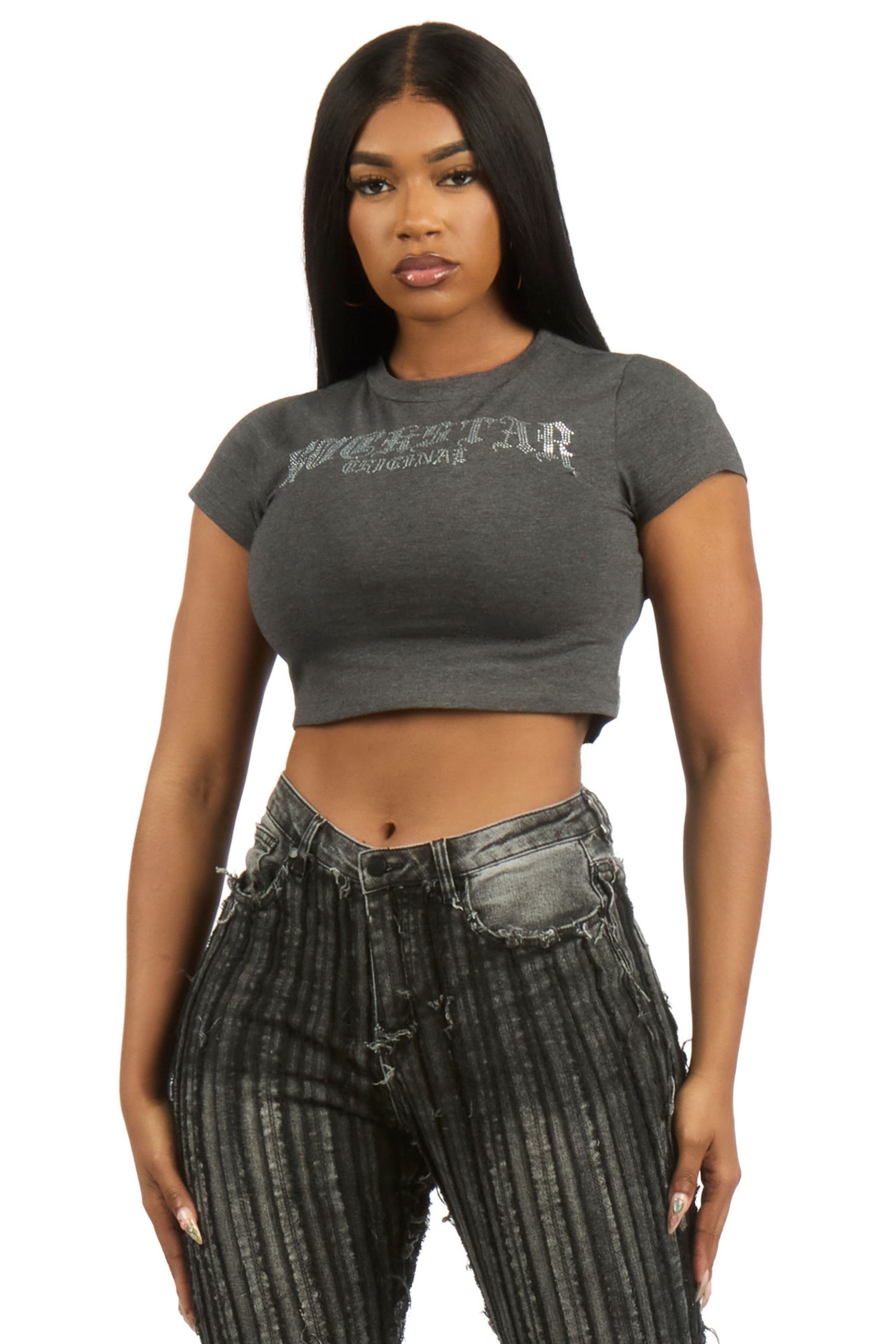 LaNetta Charcoal Rhinestone Crop Baby Tee Shirt