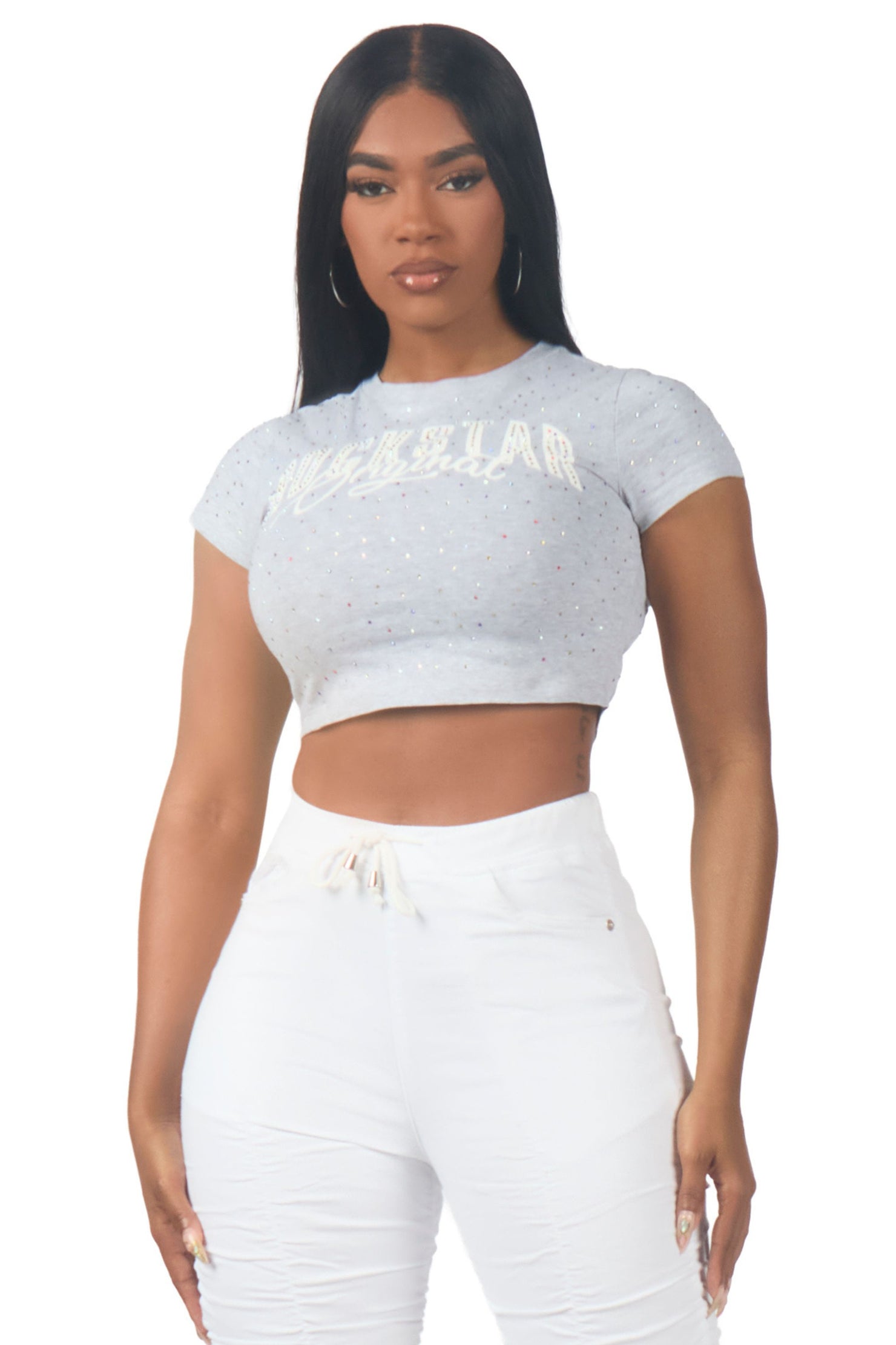 Franchesca Heather Grey Rhinestone Crop Baby Tee Shirt
