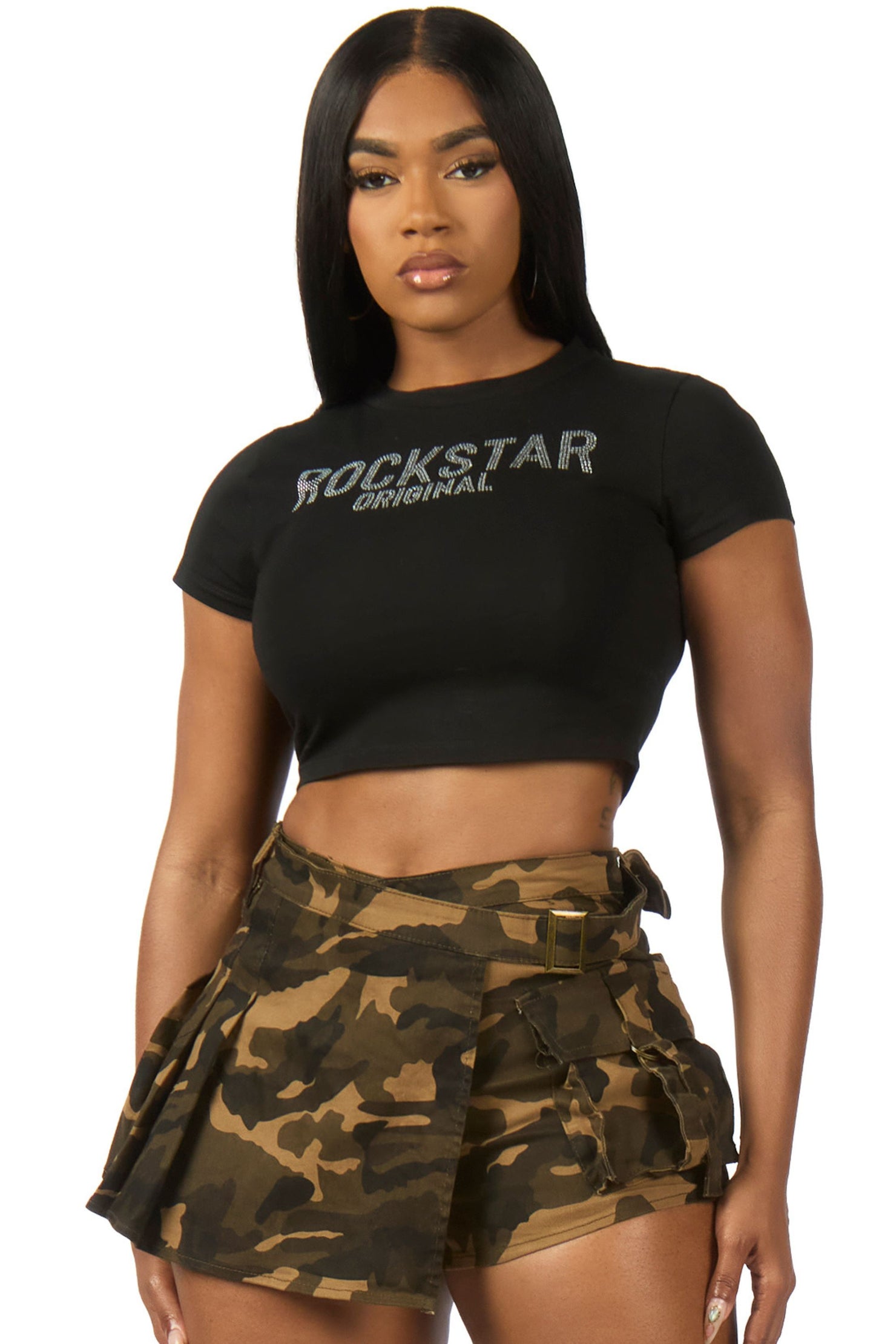 Erikka Black Rhinestone Crop Baby Tee Shirt