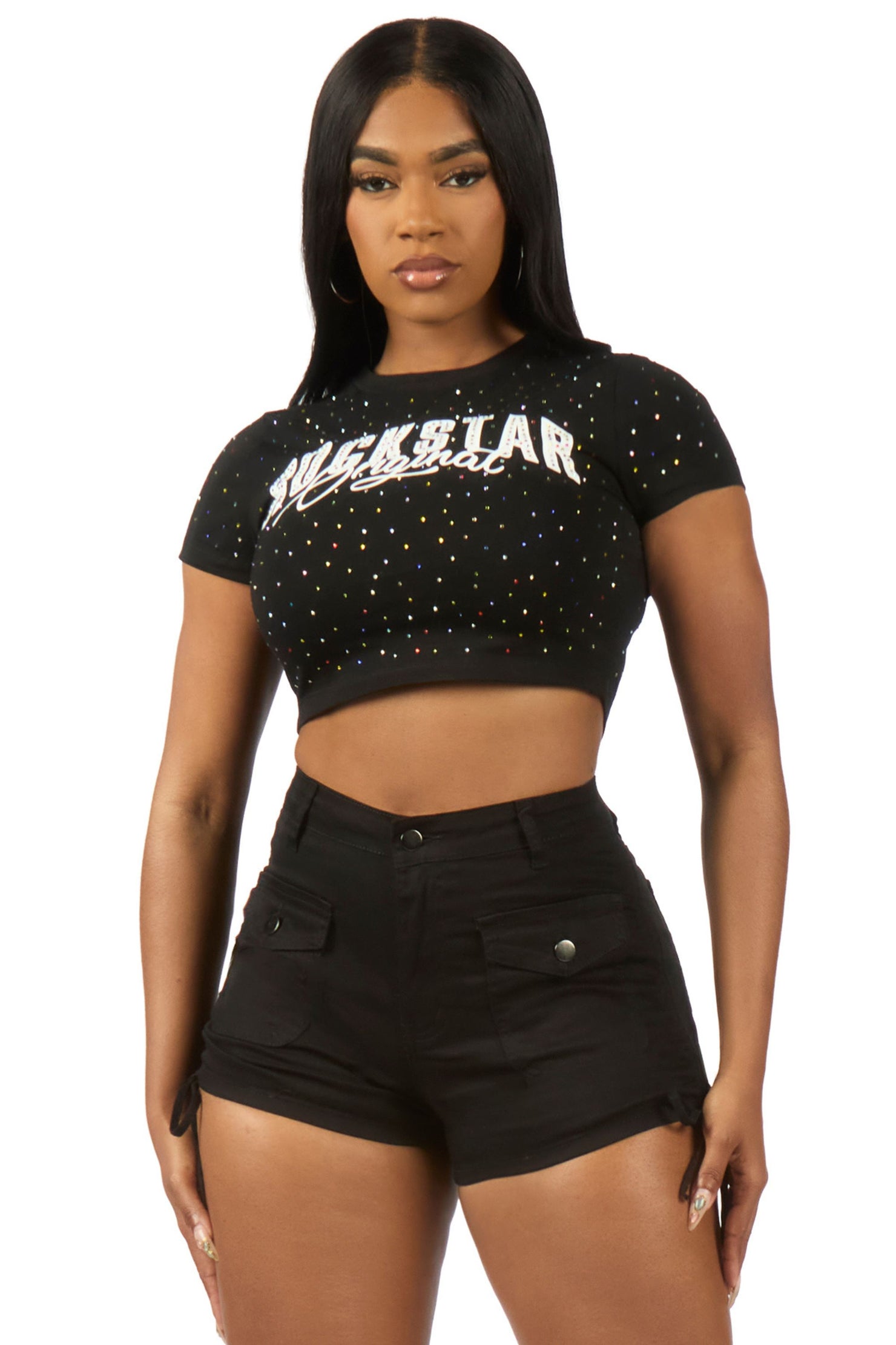 Franchesca Black Rhinestone Crop Baby Tee Shirt