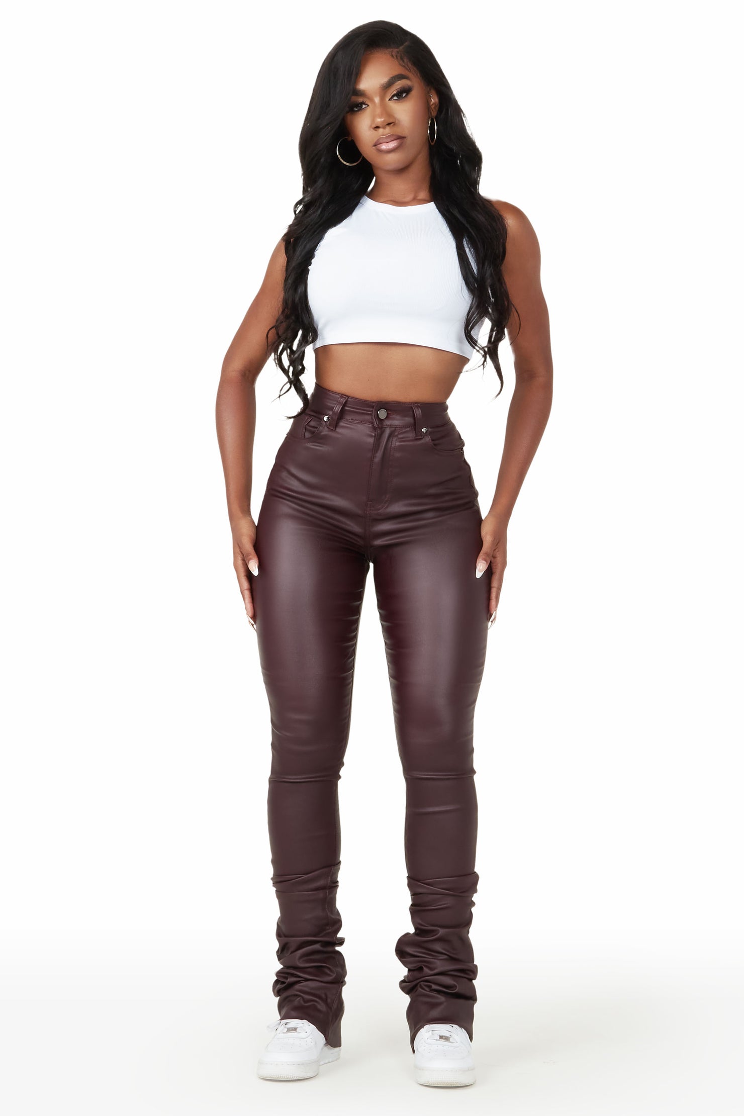 Pay Attention Wine PU Super Stacked Flare Pant